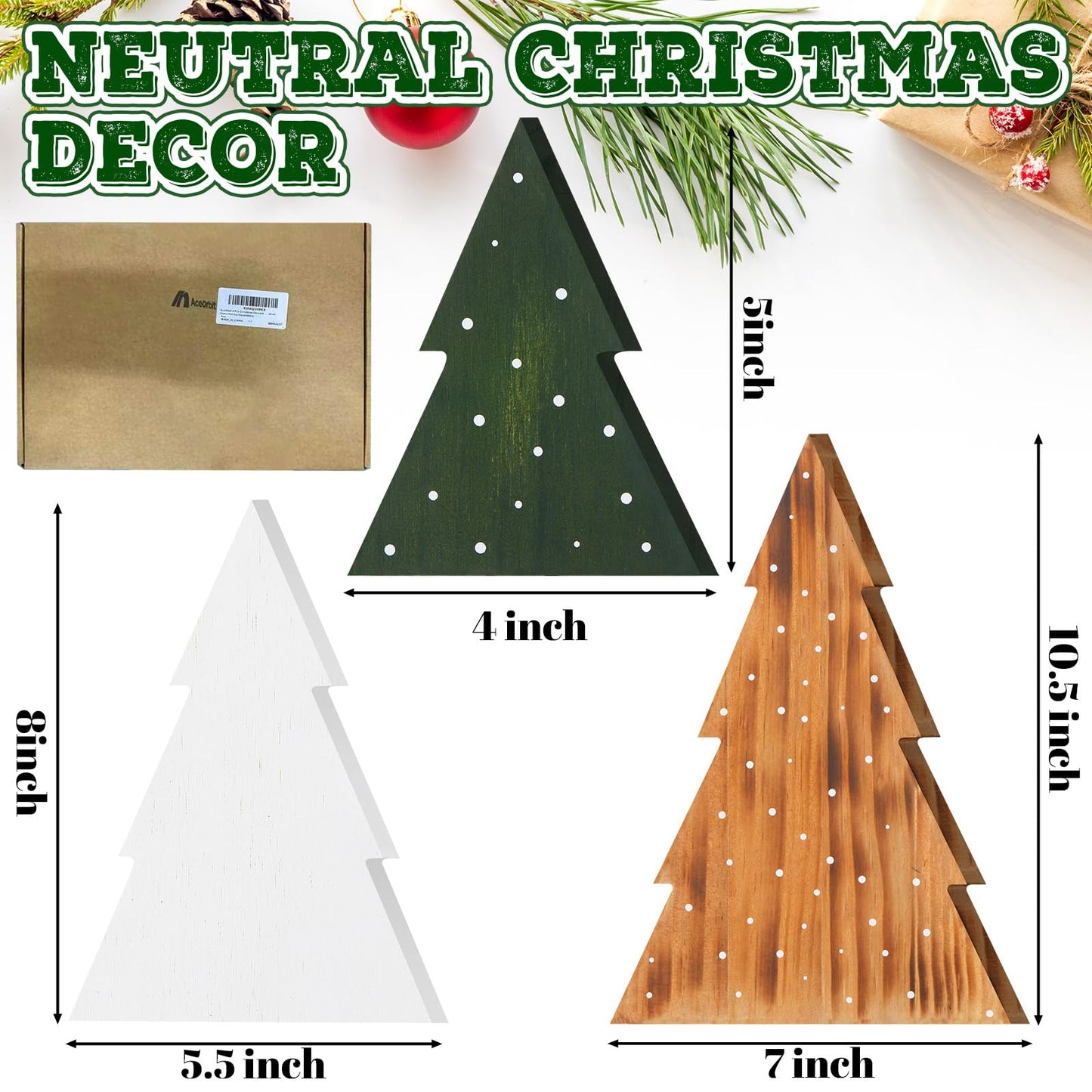 AceOrbit 3 Pcs Christmas Decorations Rustic Farmhouse Wood Christmas Trees Neutral Tabletop Tree Signs Decor Freestanding Xmas Wooden Decorations for Fireplace, Mantle, Shelf, Home, Office