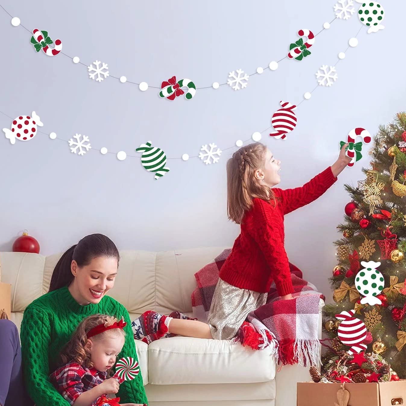 52 Ft Candyland Christmas Decorations Garland Red Green Sweet Candy Cane Lollipop White Snowflake Dot Glitter Paper Hanging Streamer Banner for Merry Christmas Winter Holiday Xmas Party Supplies