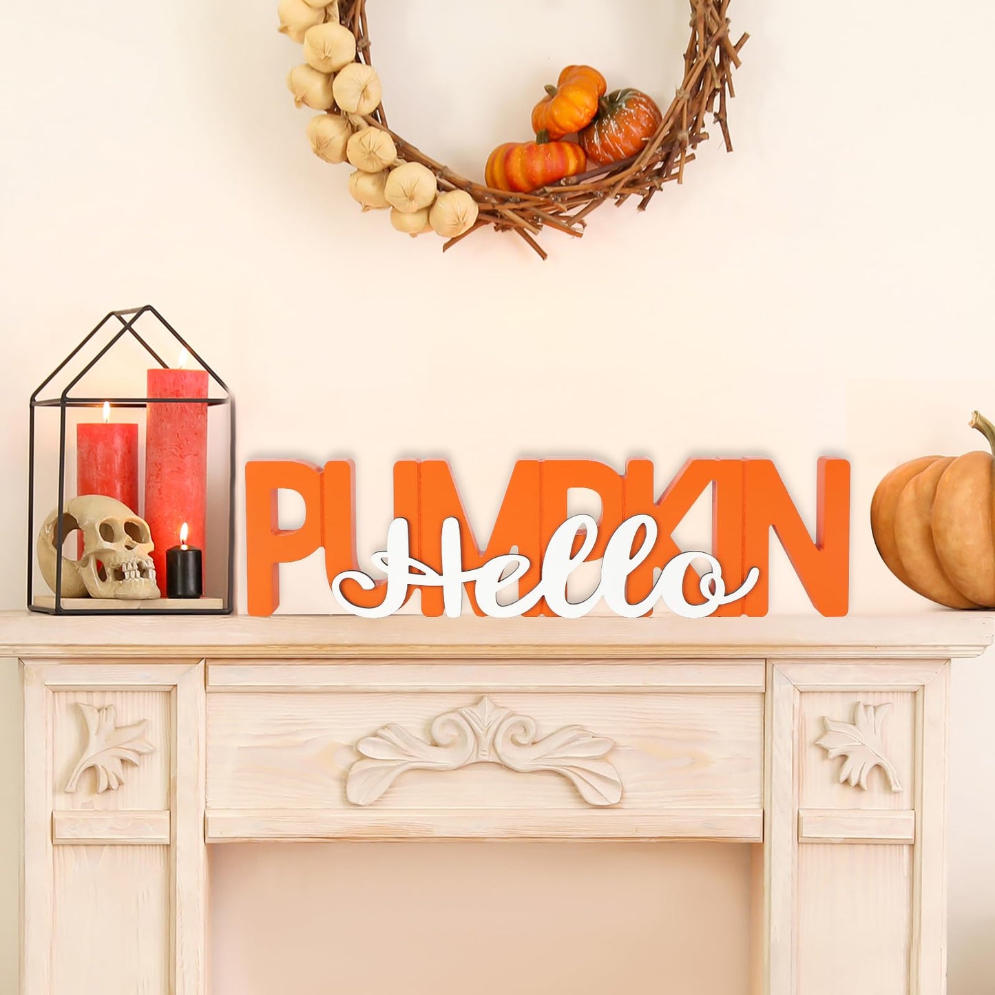 COCHIE Wooden Hello Pumpkin Sign, Fall Decorations for Home, Office, Shelf, Mantel, Indoor, Wood Autumn Decor, Fall Table Top Party Decoration (Hello Pumpkin)