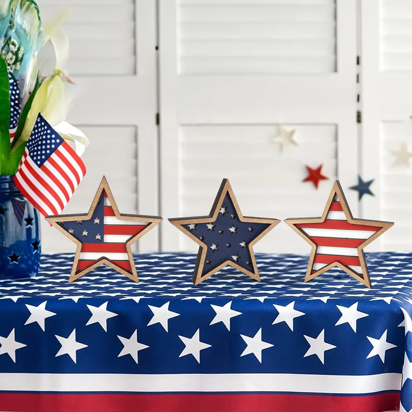 COCHIE 4th of July Decorations Wooden Stars, Patriotic Memorial Day Star Tiered Tray Decor Set of 3, Fourth of July Red White Blue Decoration for Home Office Table Shelf (Flag Hollow)