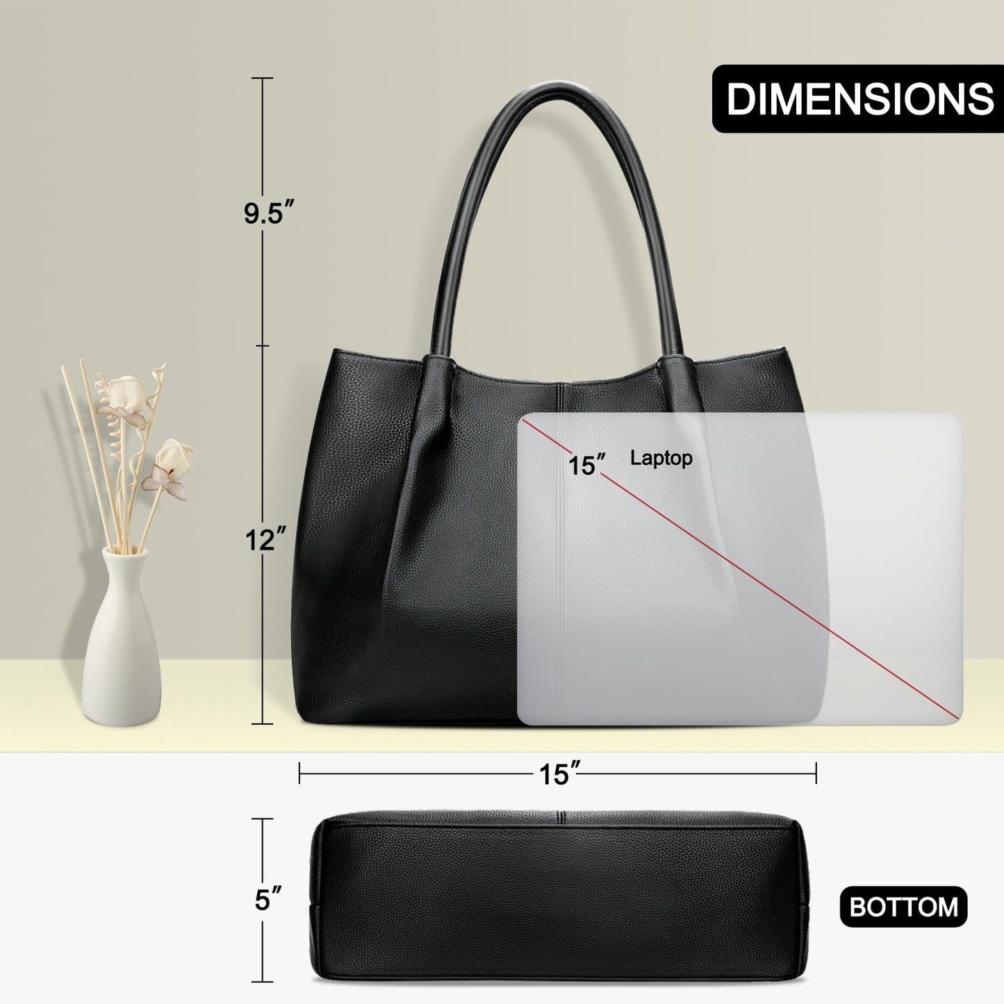 KKXIU Tote Bag for Women Vegan Leather Shoulder Purse Large Capacity Travel Bag (Black)