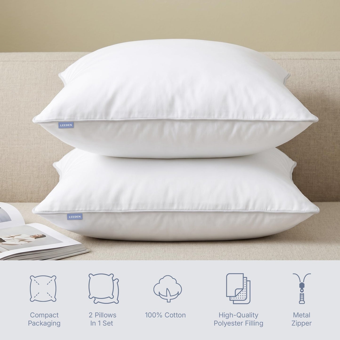 Leeden 20 x 20 Pillow Inserts (Set of 2) - Throw Pillow Inserts with 100% Cotton Cover - 20 Inch Square Decorative Pillows for Sofa, Couch, Bed and Home Decor