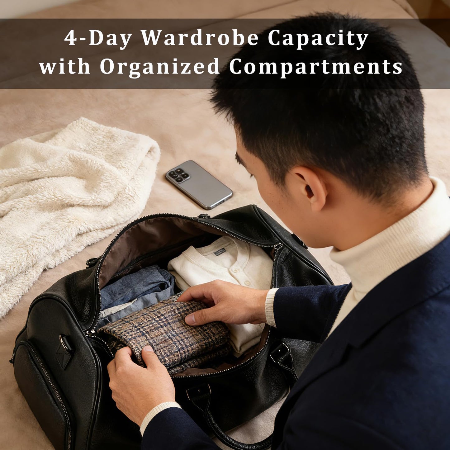 Leather Travel Duffle Bag with Shoe Pouch, Cabin Friendly Weekender Overnight Bags, Carry On Sports Gym Bag for Men Women