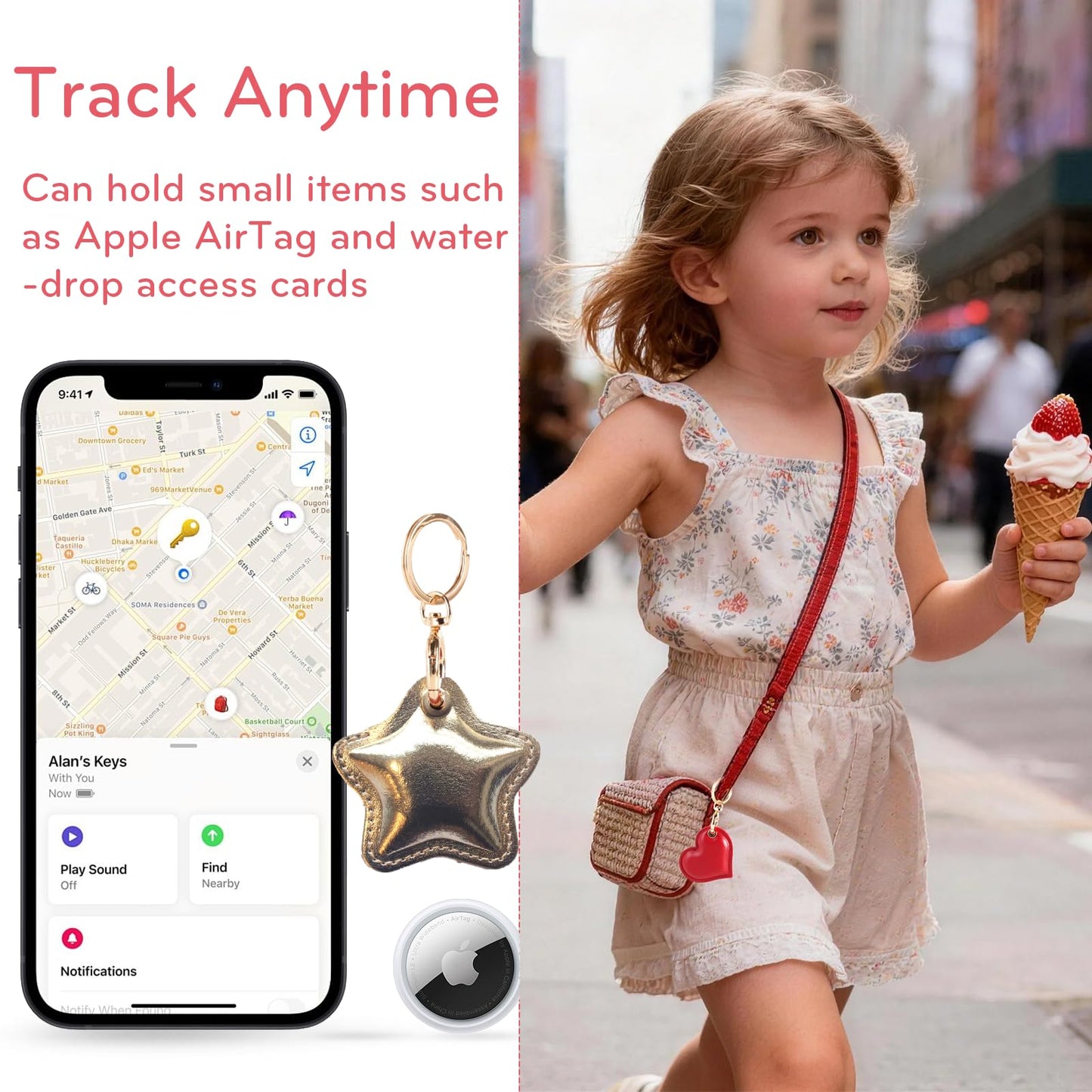 Leather Charm Keychain Holder Case Compatible with AirTag,Cute Protective Star-Shaped Cover with Luxe Ring Clip,Finder GPS Tracker Case for Wallet Keys,Bag,Pets(Golden)