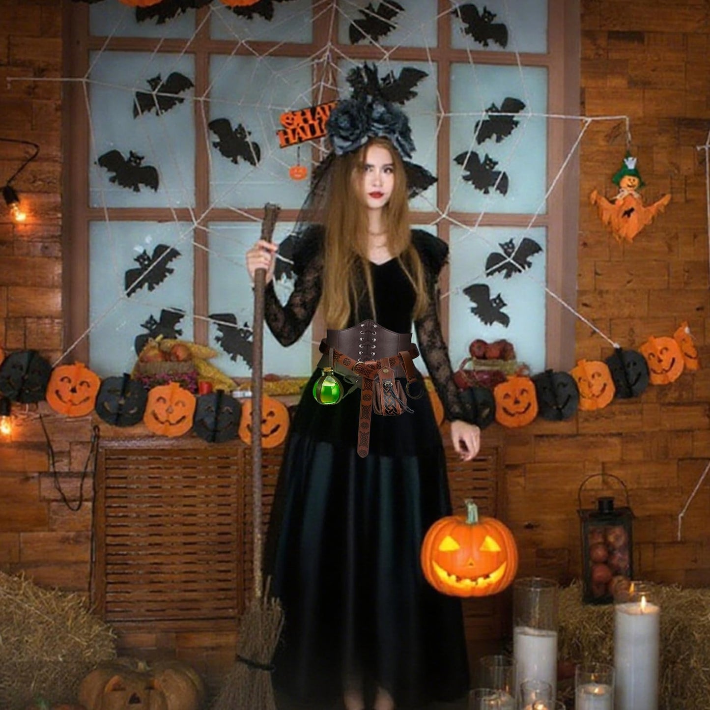 A ANGG Renaissance Belt, 5 Pcs Renaissance Accessories Women Medieval Belt Potion Bottle Corset Pouch Skirt Hike, Halloween Cosplay Costume Accessories(S Brown