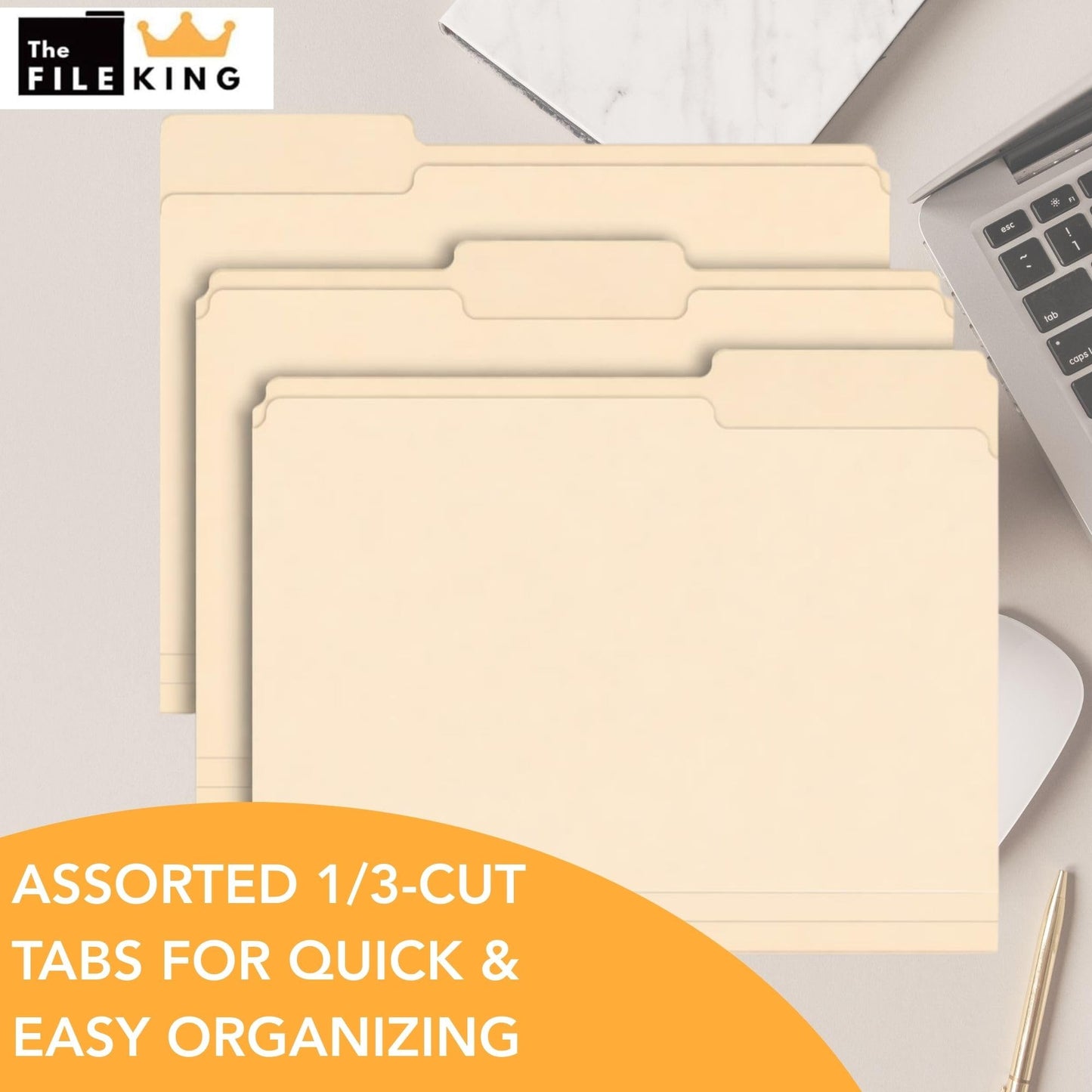 The File King 1/3 Cut File Folders Letter Size - 100 Pack | Manilla Folders 8.5 x 11 | Assorted 3 Tabs | Heavy Duty 11-Point Fiber | Made in USA | Undercut Front Style | Easy Labeling & Organization
