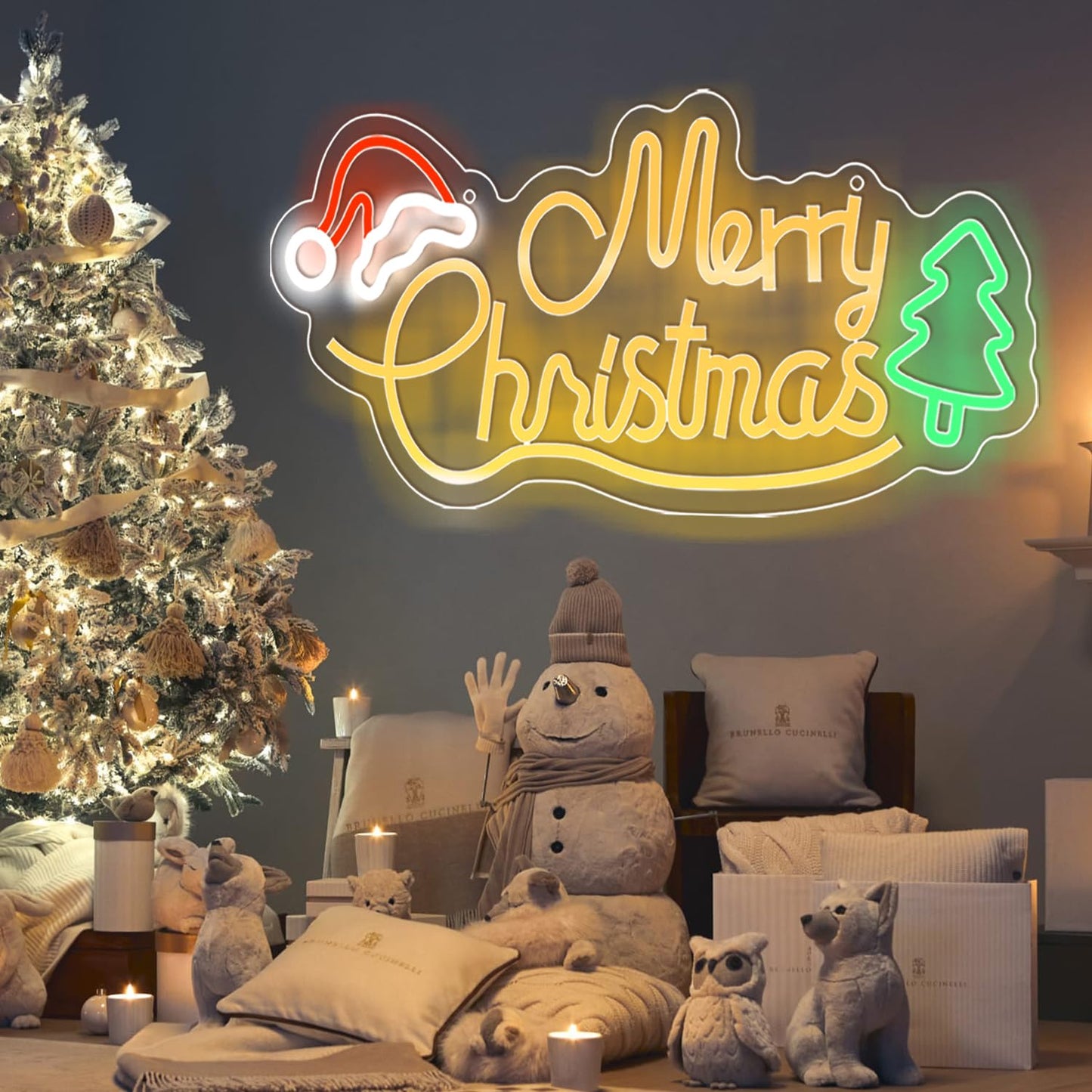 JoyHue Merry Christmas Neon Signs, 16.7*7.9Inch LED Christmas Lights with Xmas Tree and Santa Hat for Wall, Window, Party, Bar, Pub, Club, Kids Bedroom Decorations and Gifts, USB Powered