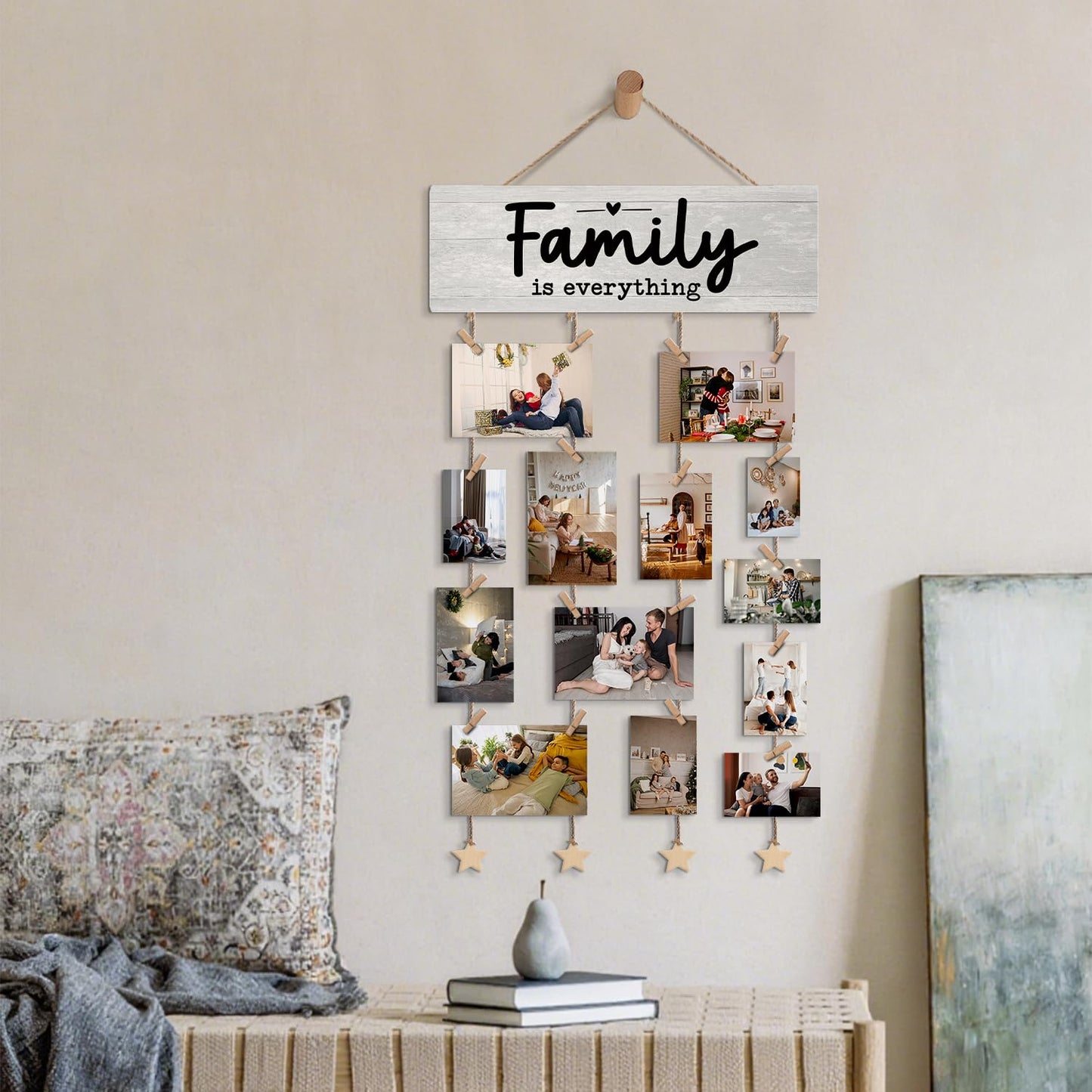 ELMCH Family Picture Frame Photo Hanging Display with Clips, Family Reunion Gifts, Families Is Everything Picture Board Photo Holder for Wall Decor