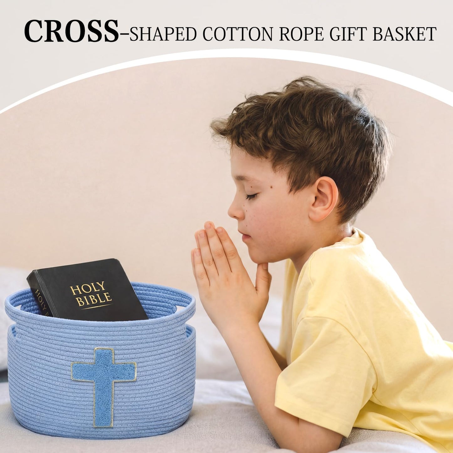 Sliner Christian Gifts Basket with Handles, Christian Cross Design Cotton Rope Basket Gifts Stuffers Storage for Christenings Religious Christmas Occasions, 15 x 10 x 9 Inch(Blue)