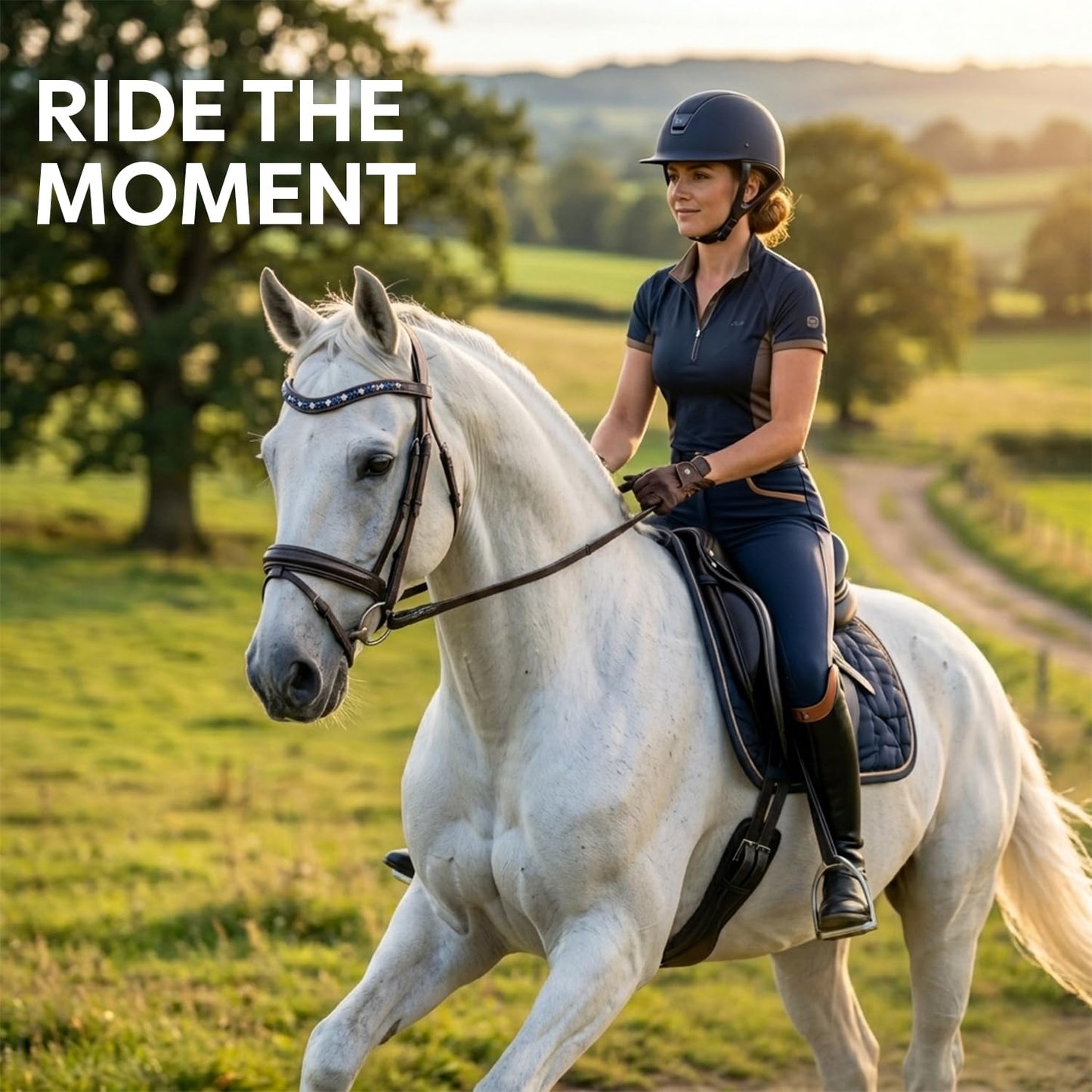 Equine Care Leather English Horse Bridle with Reins, Full Size Havana Brown, Raised Fancy-Stitched Hunter Show Bridle with Blue & Clear Crystal Browband, Padded Crownpiece, Stainless Steel Hardware.