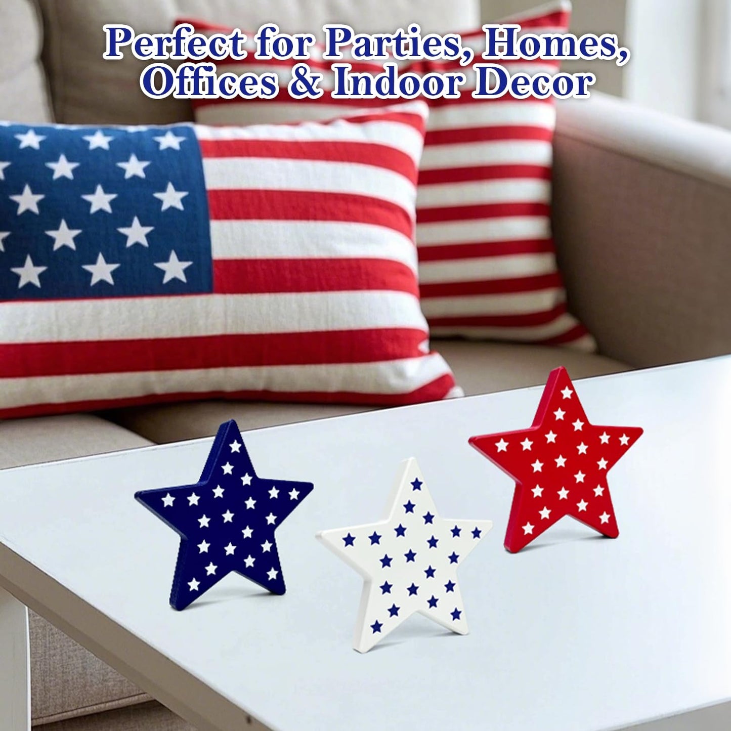 4th of July Table Decorations 3 PCS, Fourth of July Red White Blue Wooden Star Decor Centerpiece for Indoor Home, 250th Anniversary Memorial Day Patriotic Gift Sign for Mantel Office Tiered Tray Party