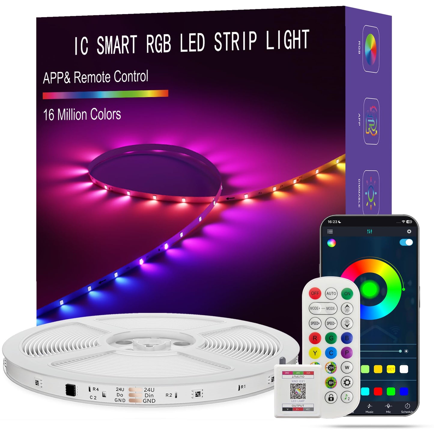 ATHONO Led Lights for Bedroom 66FT Smart IC+RGB, Music Sync Color Changing Strip Lights, 24Key Remote+App Control Light Strip for BedHead,Underbed,Ceiling,Background Wall