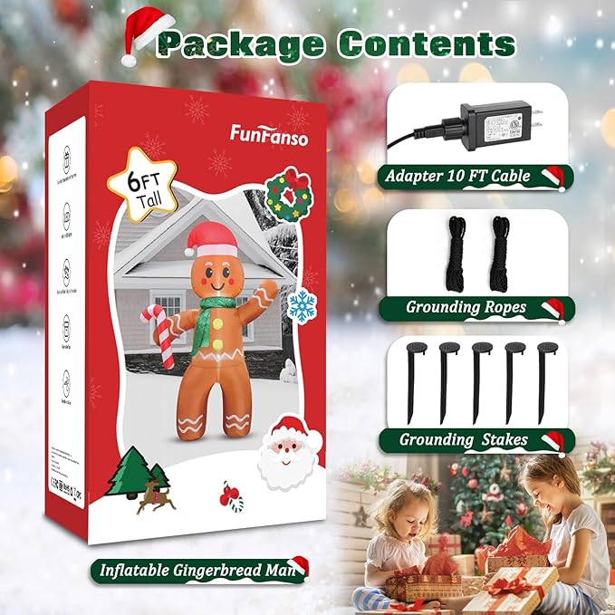 FunFanso 6 FT Christmas Inflatable Gingerbread Man with Candy Cane, Blow Up Cute Decoration with Build-in LEDs, Inflatable Outdoor Decorations for Holiday Lawn Garden Patio Home Porch Xmas Party Eve
