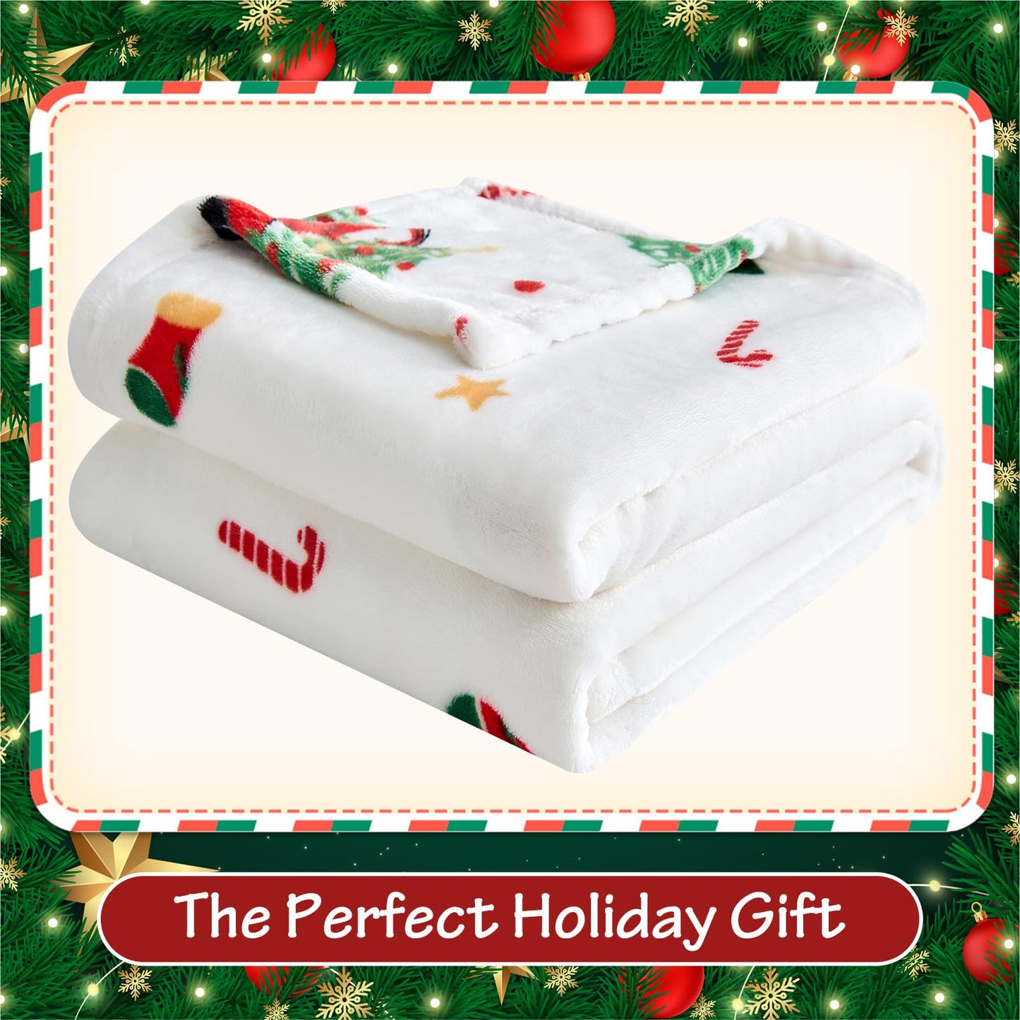 Edenleaf Christmas Blanket - White Holiday Throw with Santa Claus & Snowman - Warm Cozy Fleece Winter Blanket, 50x60 Inches,White