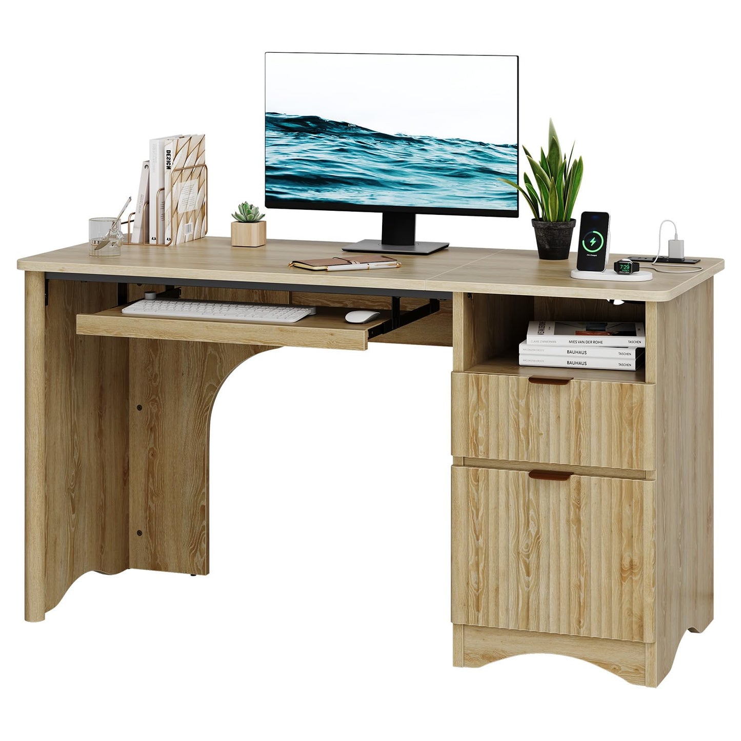 Bestier Computer Desk with Drawer, 55 inch Office Desk with Power Outlet, Modern Home Office Desk with Keyboard Tray (Natual Oak, 55" W with Single-Sided Drawers)