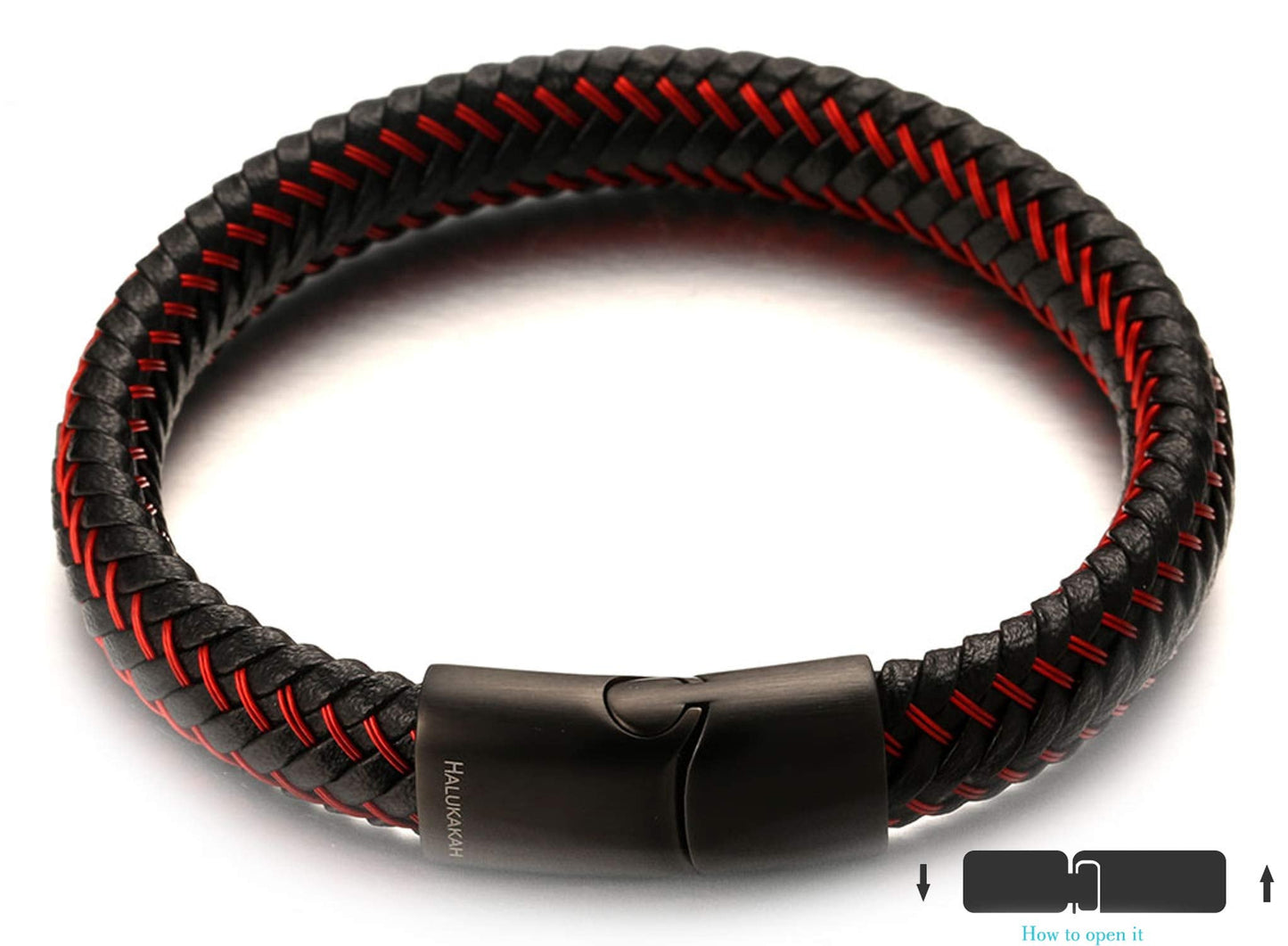 Halukakah ● Jazz ● Men's Genuine Black Leather Bracelet Black Titanium Magnetic Clasp 8.5" Free Giftbox (Maserati Red 8.5 inches)