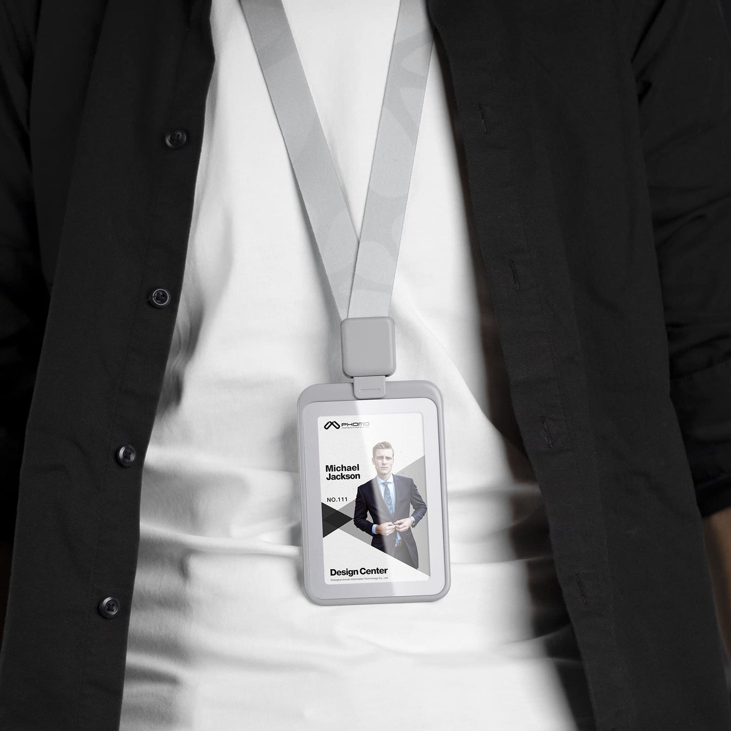 Phomo Self Retractable ID Badge Holders with Carabiner Reel Clip and Badge Lanyard, Heavy-Duty ID Card Holder for Neck, Vertical Style Transparent Hard Accessories Clear, (Holds 1to 2 Cards) (Black)