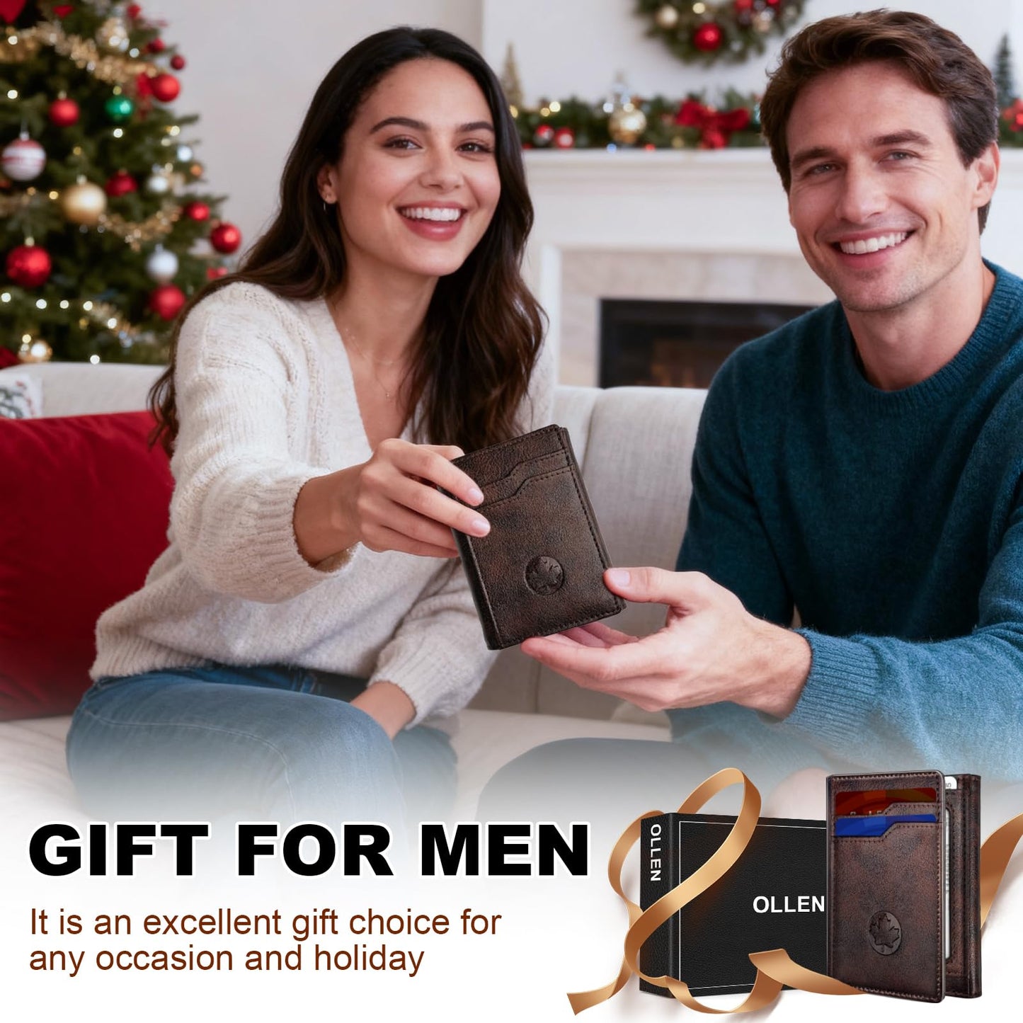OLLEN Trifold Leather Wallet for Men, RFID Blocking Slim Wallet with 15 Card Capacity Cash Pocket 2 ID Windows, Magnetic Closure Minimalist Wallet for Front Pocket Wallet, Coffee