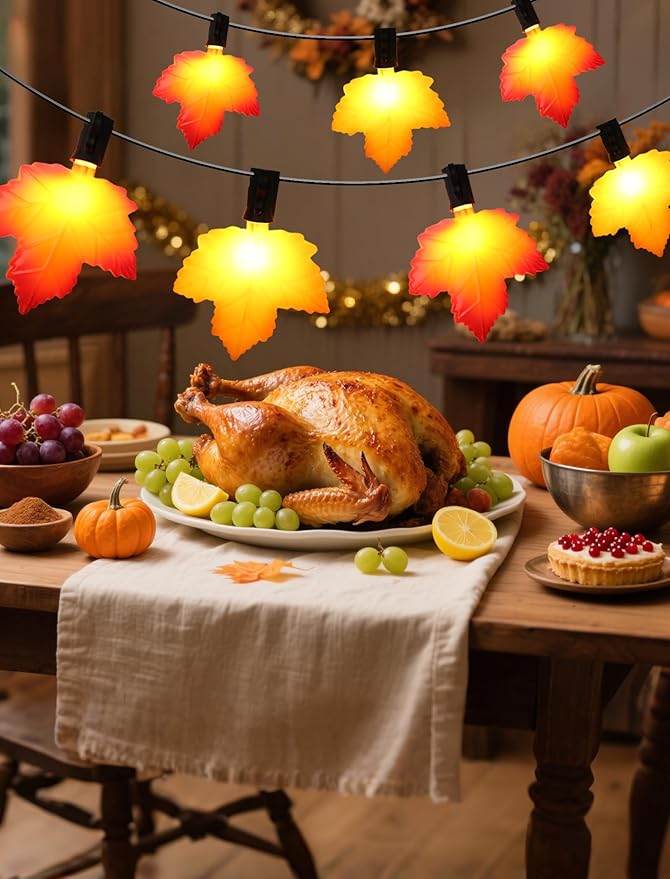 10.5 FT Lighted Fall Garland, Energy-Efficient LED Maple Leaf String Lights (UL Certified) for Thanksgiving & Halloween Mantle Decor