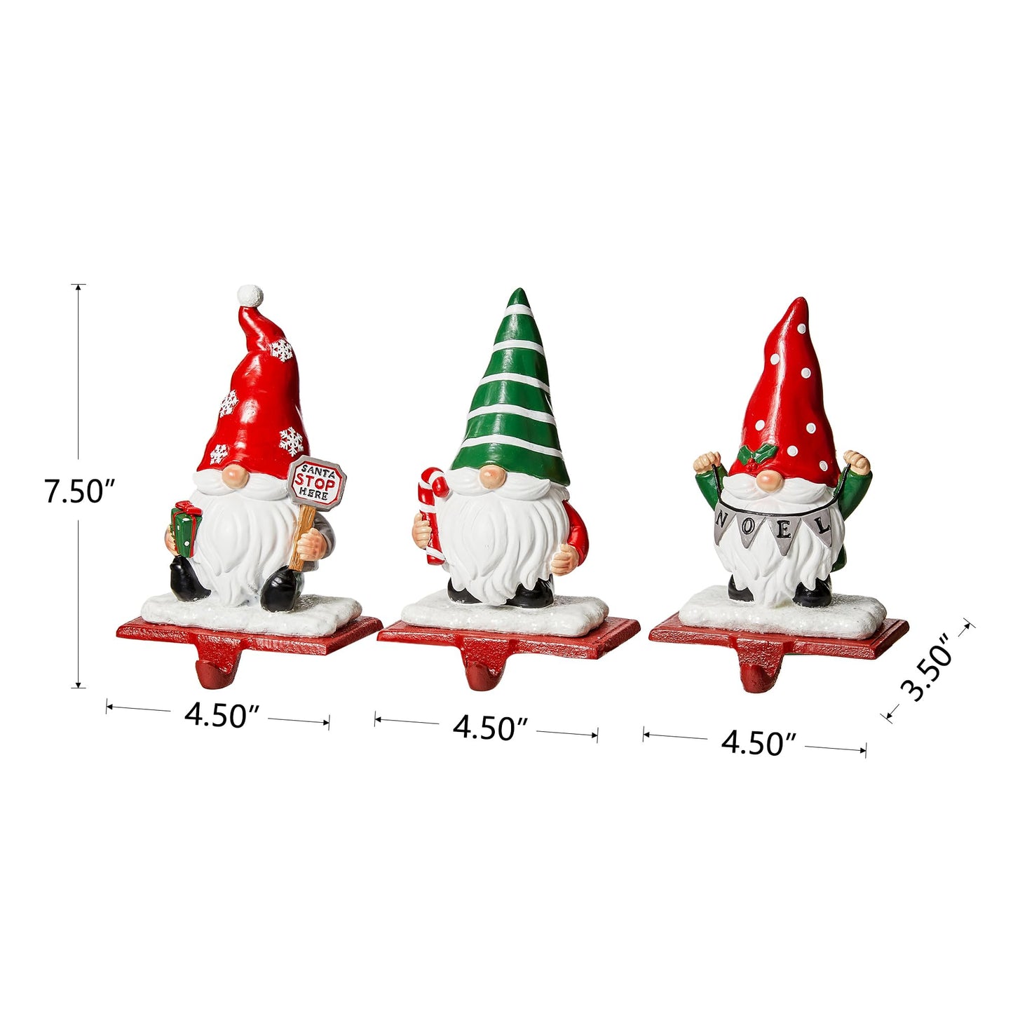 Glitzhome Christmas Stocking Holder, Set of 3 Resin Gnomes Sock Hangers Festive Gnome Figurines with Metal Base for Mantel, Fireplace, Shelf, Holiday Home Decor