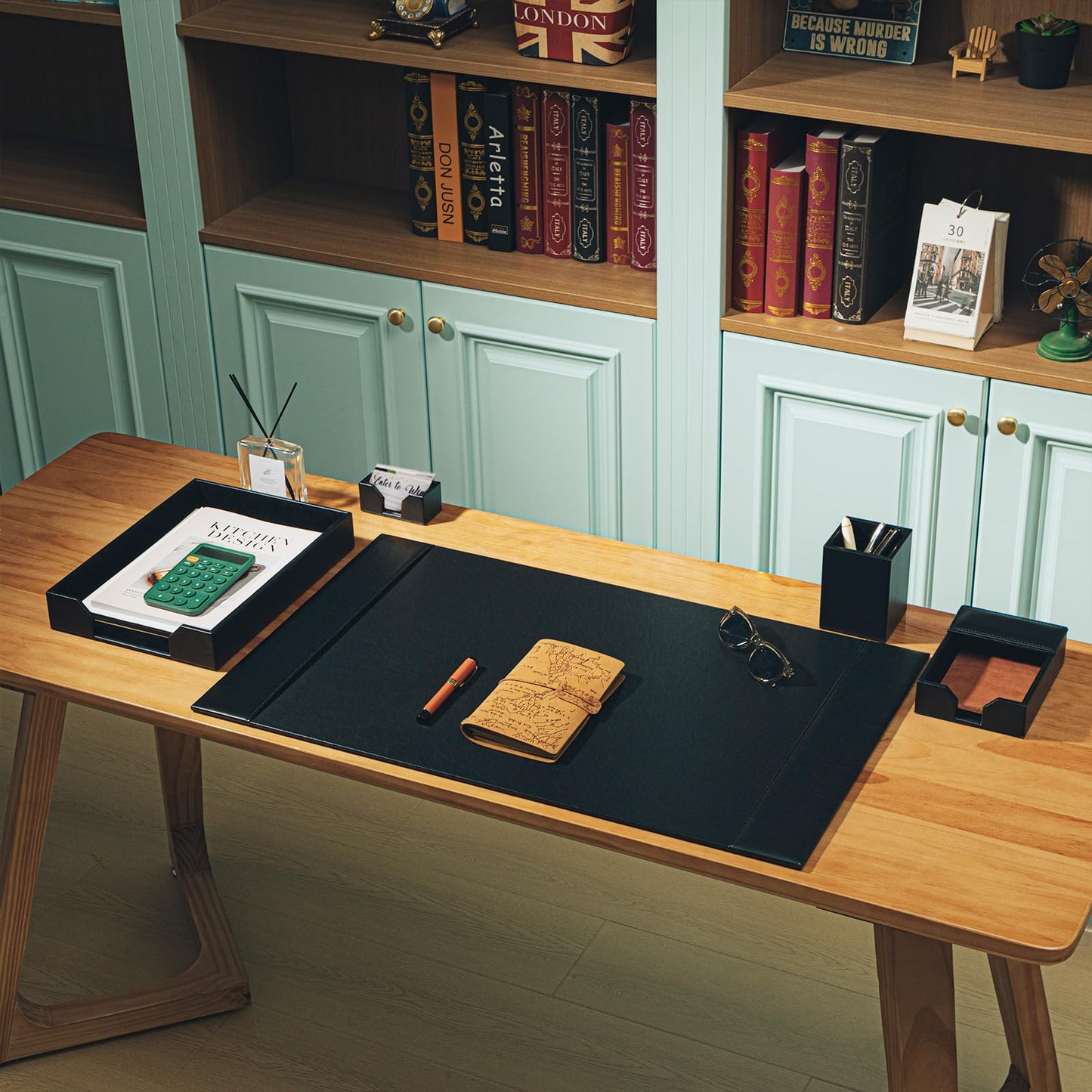 Sayglossy Leather Desk Pad Accessories Set - Blotter, Mat Protector, Organizer With Side Rails for Writing, Office, Home, Workplace Desktop Supplies (Black)