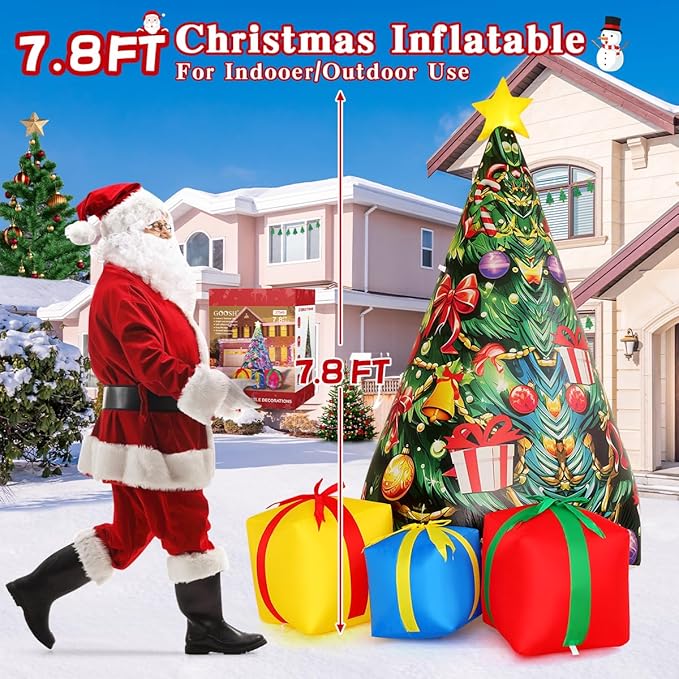 GOOSH 7.8 FT Christmas Inflatables Tree Outdoor Decorations Blow Up Christmas Tree Gift Box Yard with Colorful Light for Holiday Party Indoor Garden Lawn Decor (Pink)