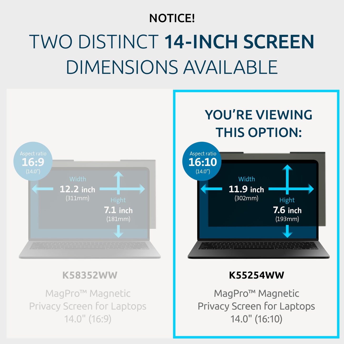 Kensington MagPro™ Magnetic Laptop Privacy Screen 14 inch, Removable 16:10 Laptop Privacy Filter, Anti-Glare, Blue Ray Reduction, Compatible with HP/Dell/Acer/Asus/Samsung/Lenovo (K55254WW)