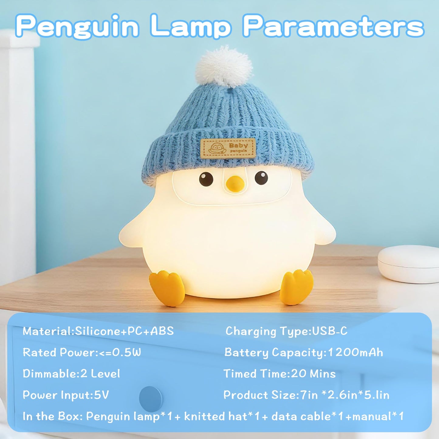 FAMIDUO Penguin Night Light with Knit Hat, Cute Silicone Nursery Lamp - Dimmable Squishy Animal Light - Heartwarming Gift for New Mom, Kids Birthday & Baby Shower - Kids Room Decor