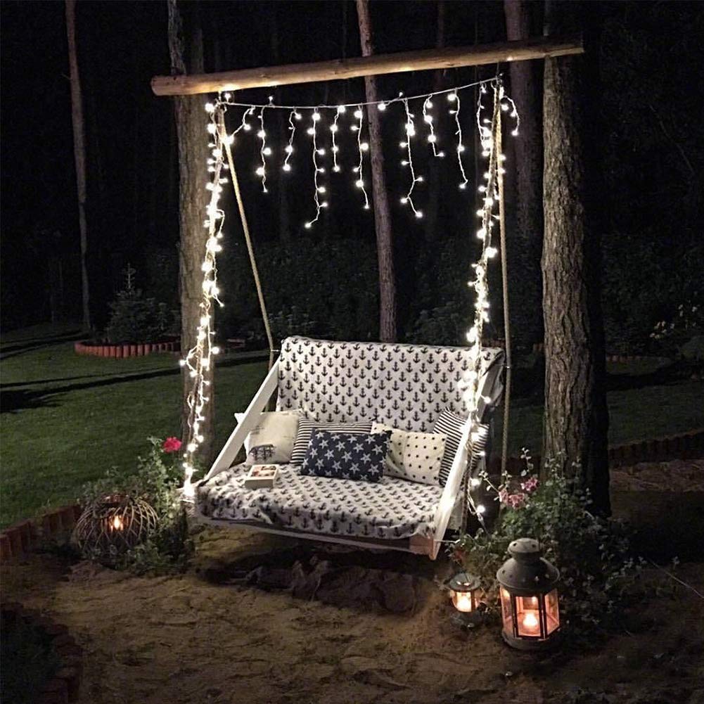 Qunlight Orangie 8 Modes LED Icicle Lights, 9.8 FT 96 LED Fairy String Lights Plug in Extendable Curtain Light String Christmas Lights for Bedroom Patio Yard Garden Wedding Party (Cool White)
