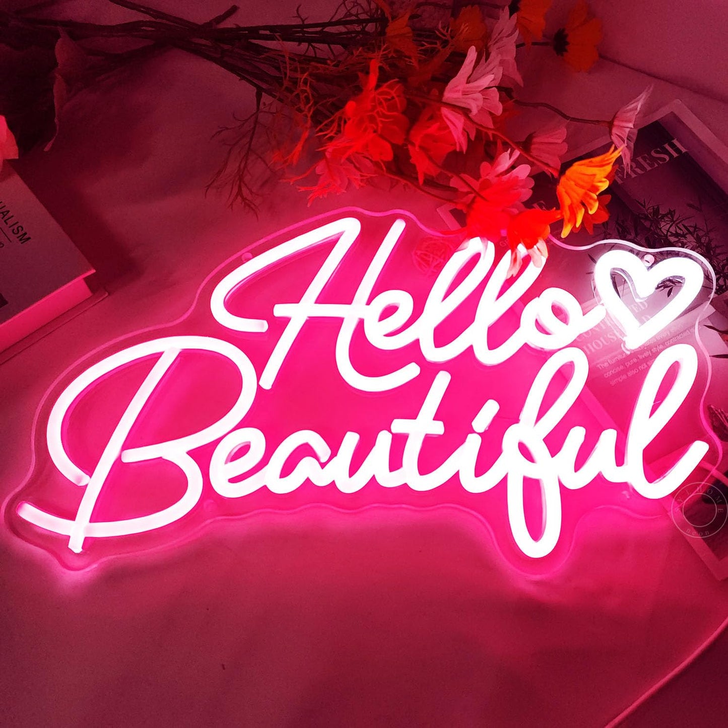SYLHOME Hello Beautiful Led Neon Light Sign Pink Heart Hello Gorgeous Bedroom Wedding Birthday Party Decor USB Bacelorette Christmas Valentines Day Decoration 15.75"X8.7"