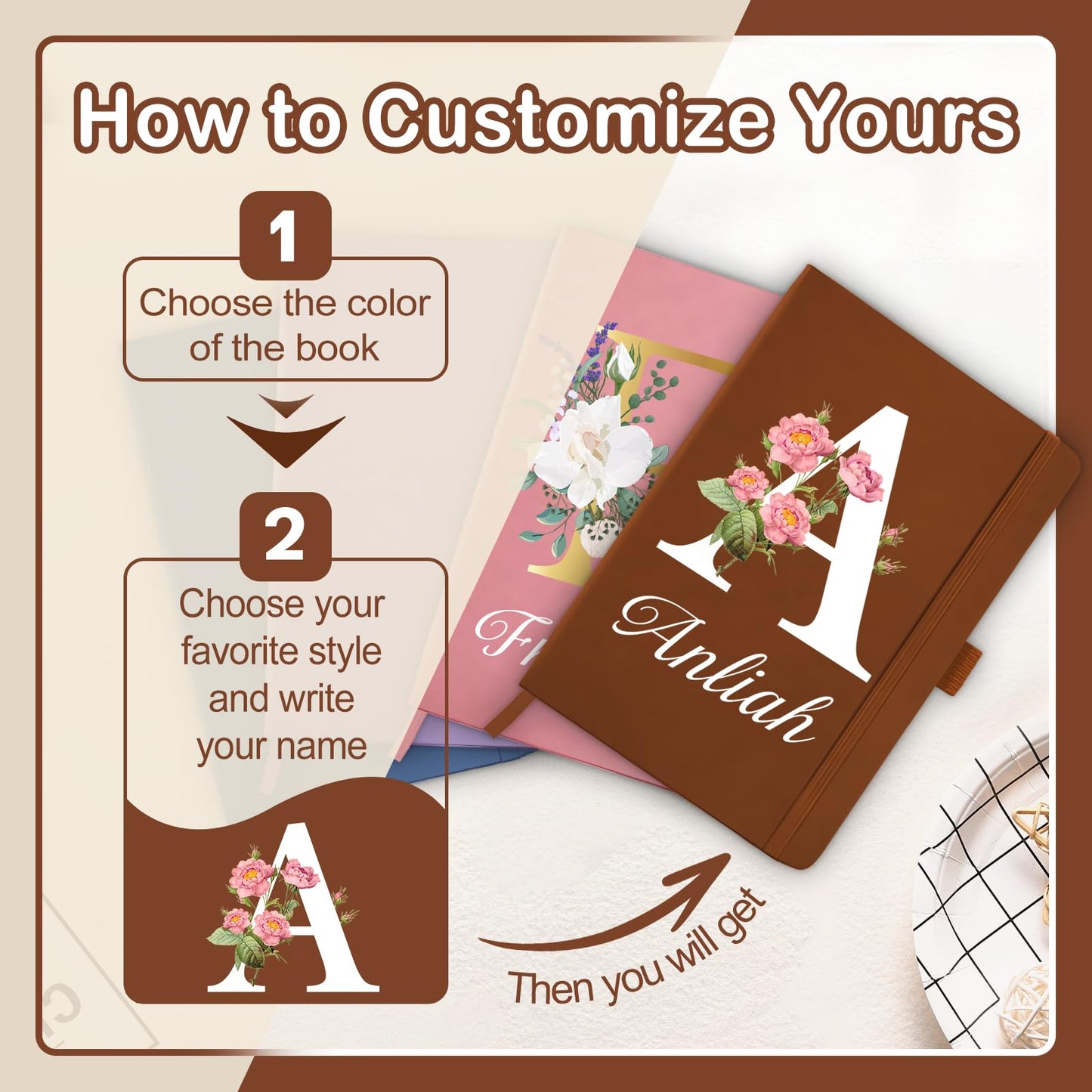 Personalized Journal Notebook with Initials Name Custom Journaling Notebook for Women Daughter Customized College Ruled Notebooks Lined Journals Gift for Mothers Day Mom Her Birthday Graduation