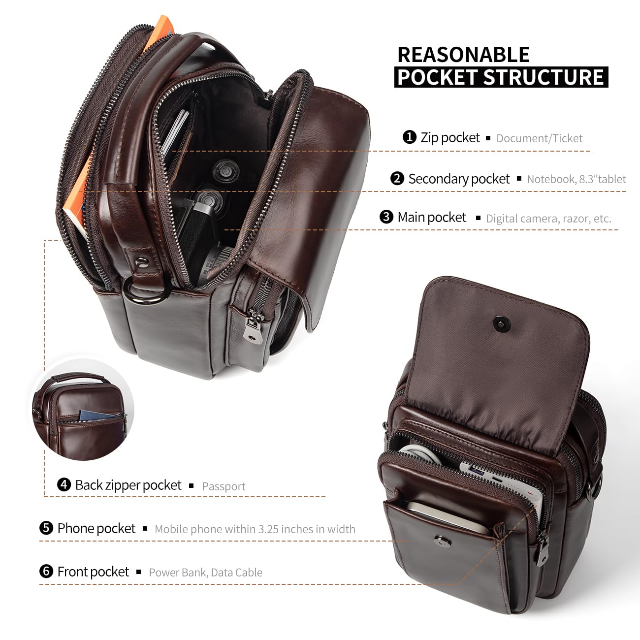 Augus Leather Small Messenger Bag For Men Crossbody Handbag Shoulder Sling Travel Bags for Men Purse Daypack Magnetic Buckle (Coffee)