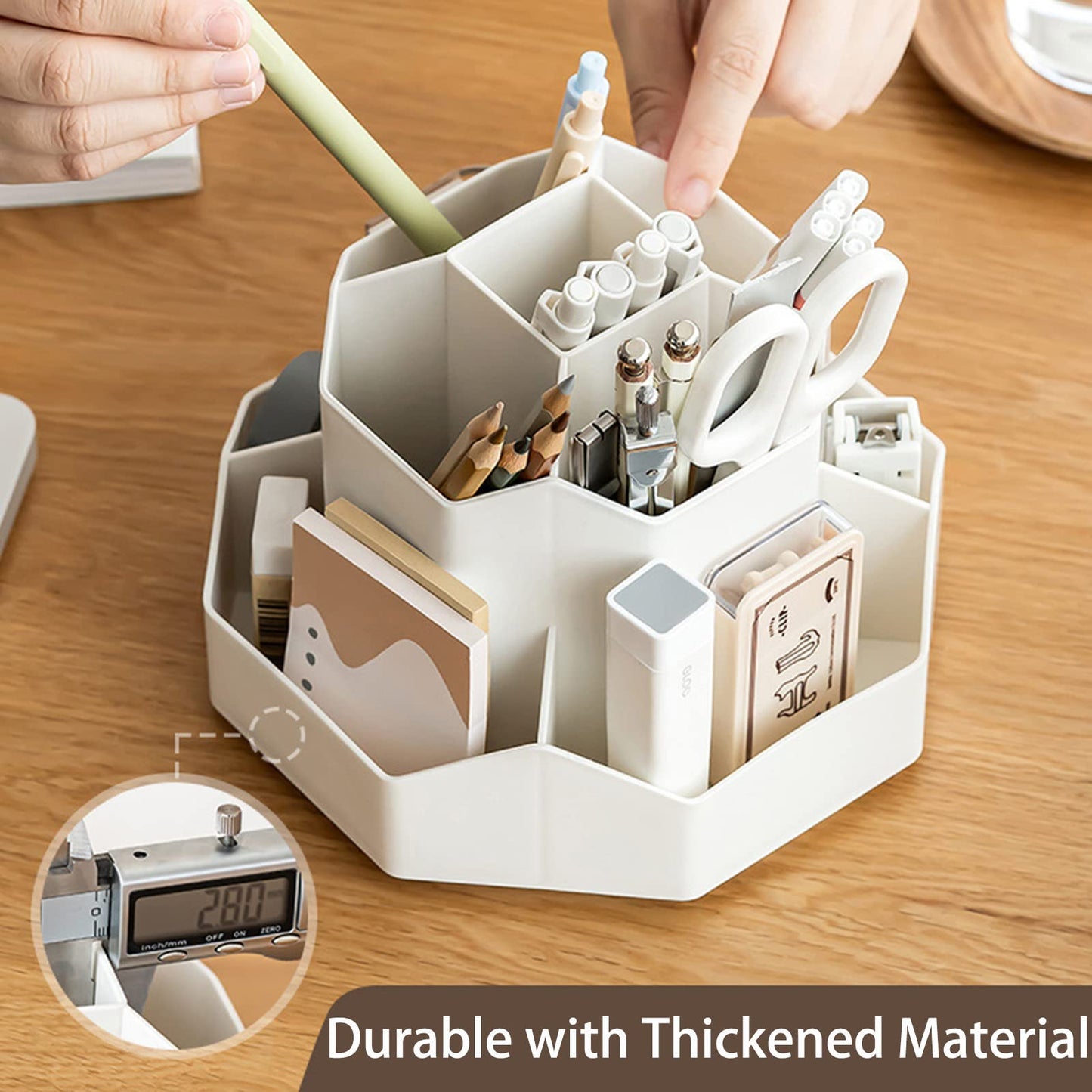 GGIANTGO Pencil Pen Holder for Desk, 9 Slots 360 Degree Rotating Desk Organizer, Cute Pen Organizers Stationery Supplies for Office Home & Art Supply (Beige)