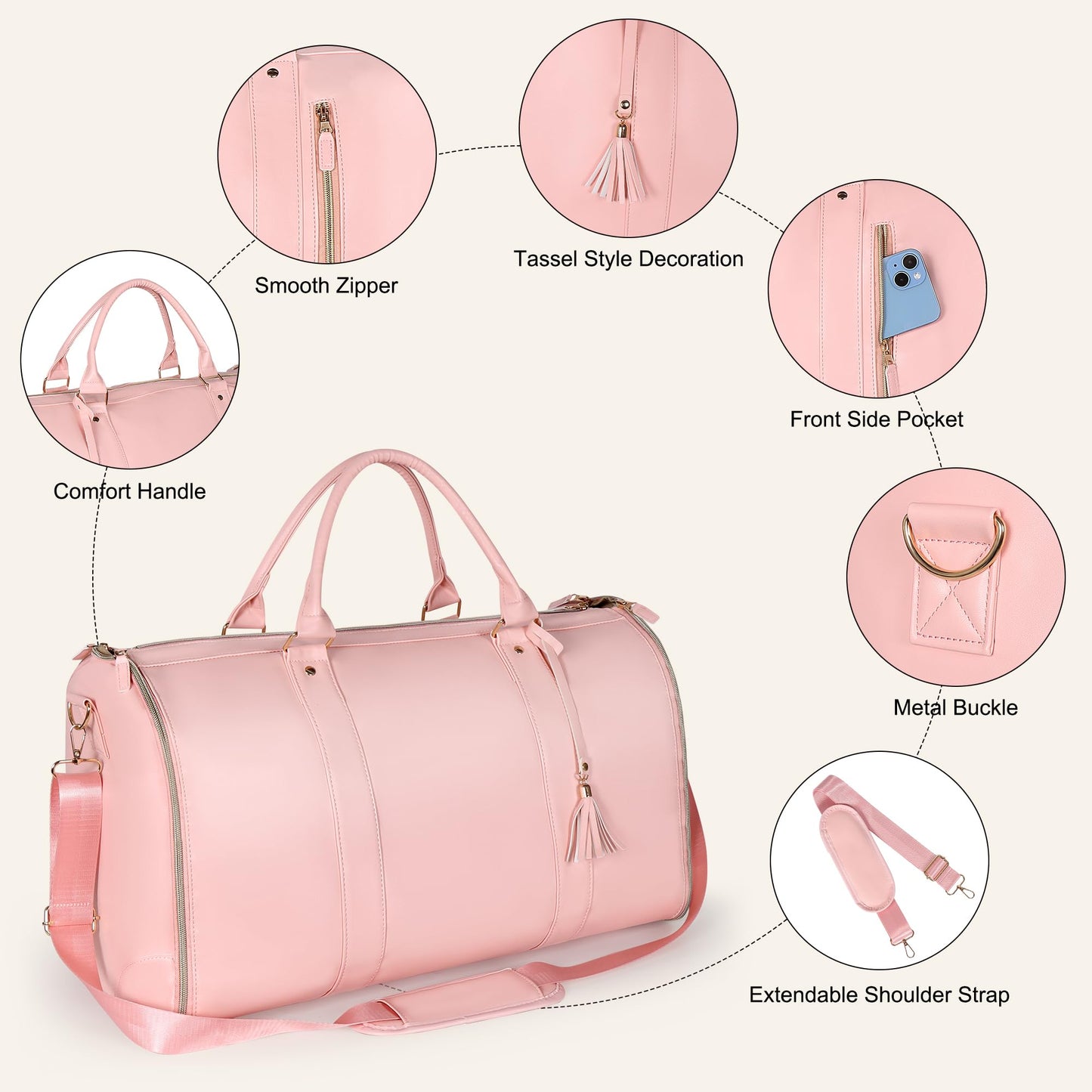 Convertible Garment Duffle Bag for Travel, Carry On Garment Bag with Shoe Pouch, PU Leather, 2 in 1 Hanging Suit Travel Bags Large Weekender Overnight Bags for Women Men (Pink)