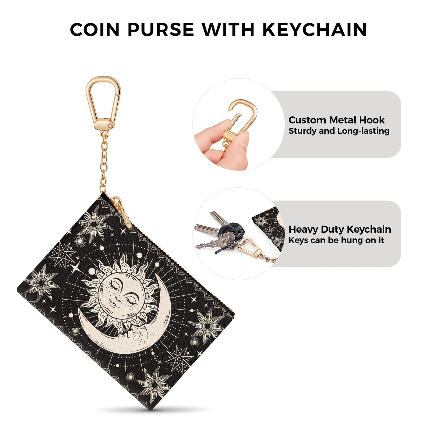 Sukyerios Sun Moon Keychain Coin Purse for Women, Small PU Leather Change Pouch, Zipper Little Tiny Travel Wallet for Girls, Cute Kawaii Zip Pocket Coin Holder with Key Ring