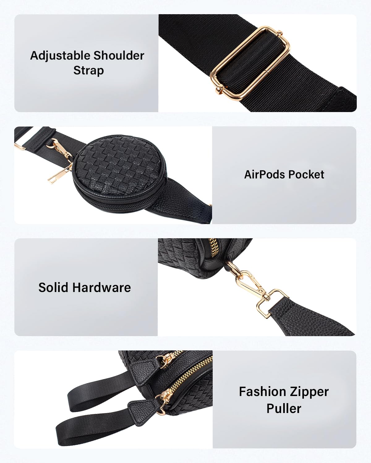 Valentoria Large Woven Leather Crossbody Bags for Women Bum Bag Sling Bag Purse With Adjustable Strap Detachable Wallets Must Haves Cross body Bag (Black Checkered)