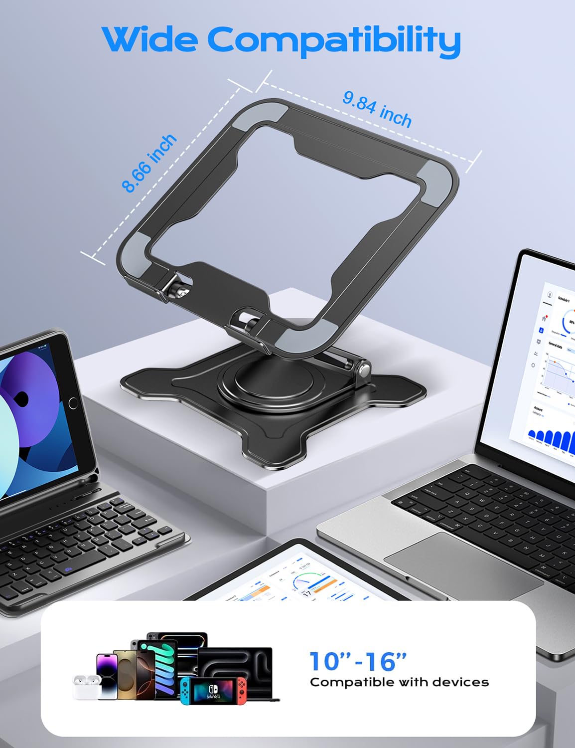 JCZT Adjustable Laptop Stand for Desk, 360° Rotating Base Ergonomic Computer Stand, Laptop Riser Foldable Protable for Office Home Fits Compatible with MacBook Pro/Air Notebook up to 10-16" Black