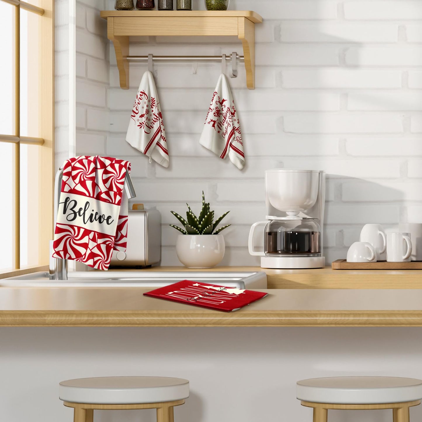 Breling 6 Pcs Christmas Kitchen Towels Red White Candy Tea Dishtowel 23.62 x 15.75 Inch Decorative Peppermint Candy Cane Hand Towel for Holiday Winter Home Kitchen Bathroom Decor Housewarming Gift