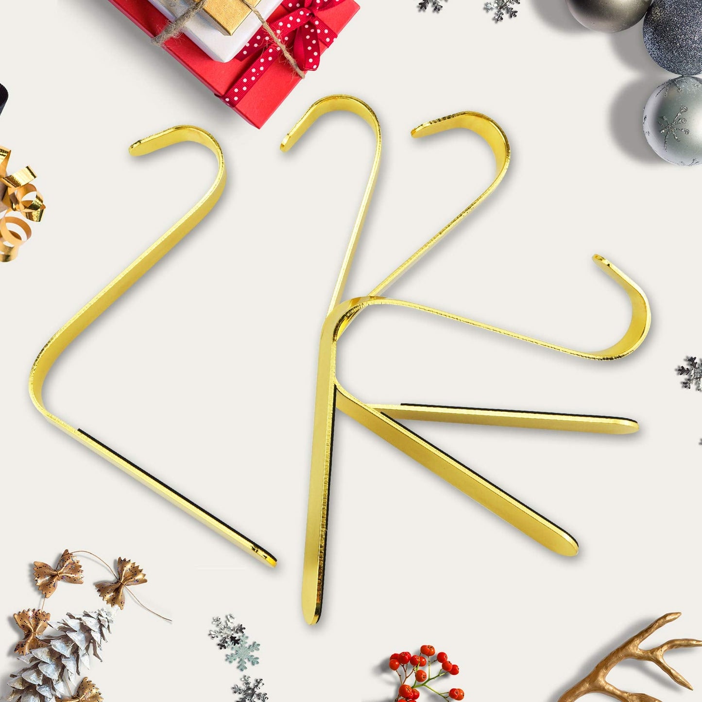 Poualss Christmas Stocking Holders Metal Stocking Hangers Non-Slip Christmas Stocking Hooks for Fireplace Mantle (Gold)