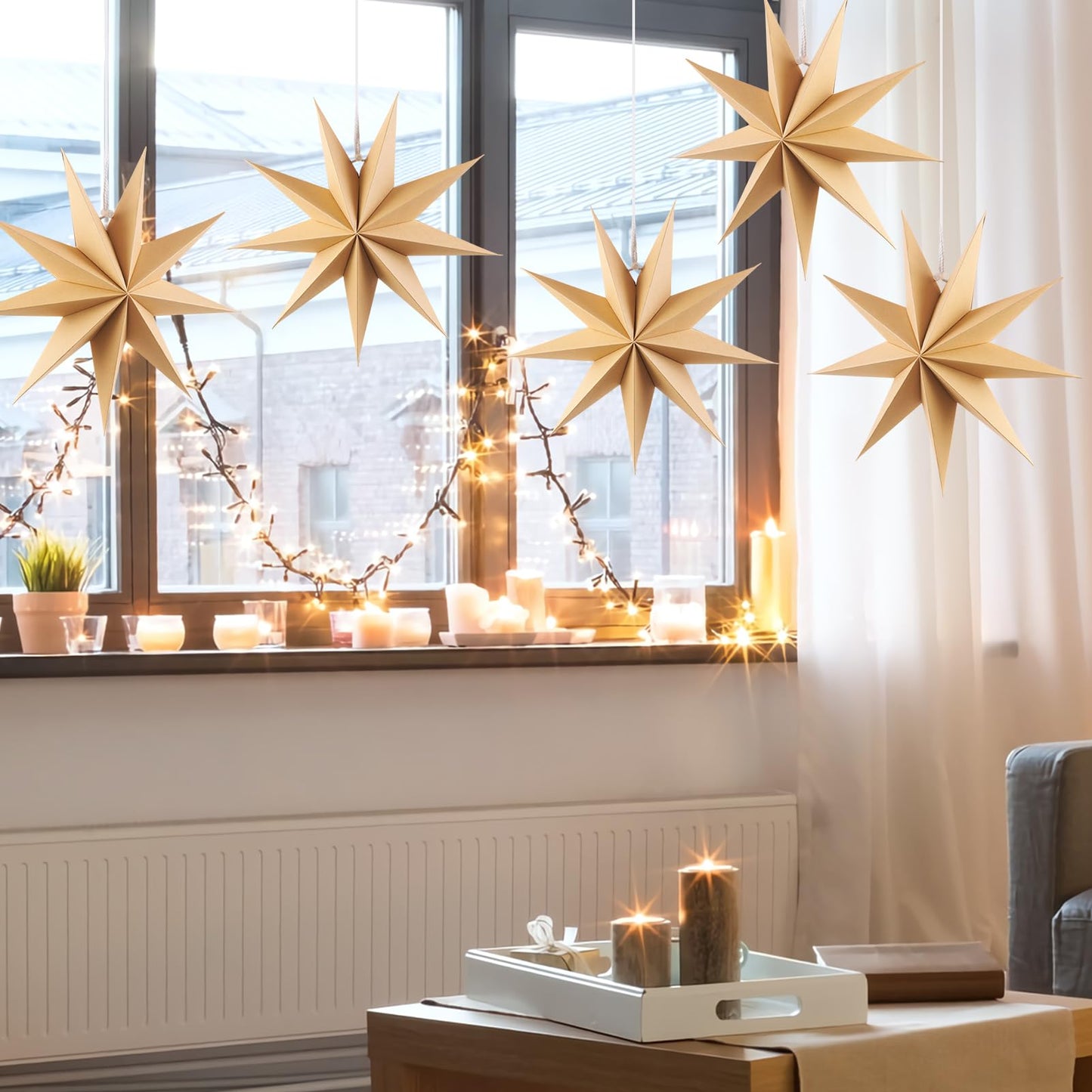 SUNBEAUTY 5 Pcs 9-Pointed Natural Paper Star Lanterns 12 Inch Christmas Hanging Lamp Rustic Paper Decorations Shade Wedding Birthday Christmas Home Party Decorations