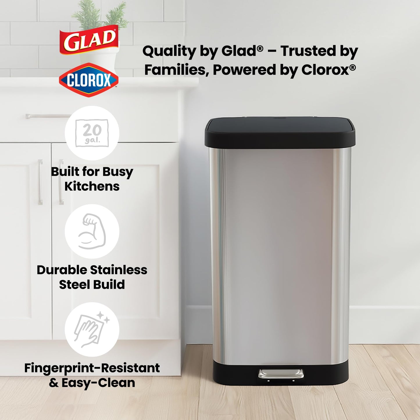 Glad Stainless Steel Step Trash Can with Clorox Odor Protection | Large Metal Kitchen Garbage Bin with Soft Close Lid, Foot Pedal and Waste Bag Roll Holder, 20 Gallon, Stainless