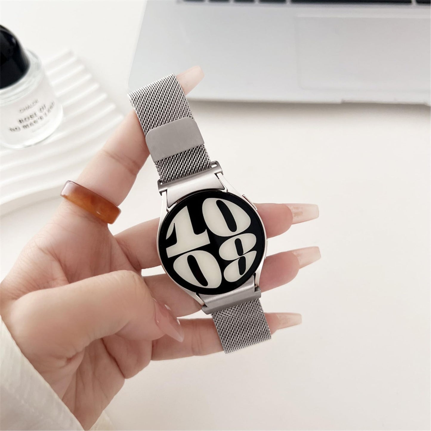 Magnetic Metal Band for Samsung Galaxy Watch 7 6 5 4 FE 40mm 44mm/Galaxy 6 Classic 43mm 47mm/4 Classic 42mm 46mm/5 Pro 45mm,One Click Attachment,No Gap Stainless Steel Milanese Loop Strap Women Men