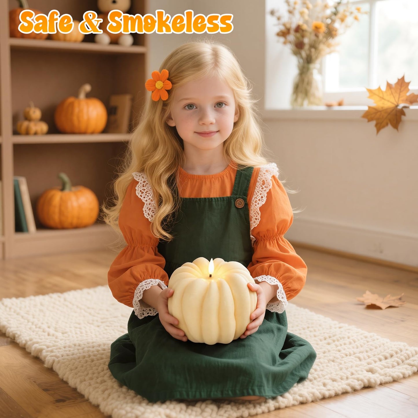 Flameless Pumpkin Candles with Timer - Fall Home Decor Indoor, LED Light Up Pumpkins for Mantel Table | Flameless Candle Thanksgiving Fall Decoration, Autumn Farmhouse Rustic Harvest Decor (White)