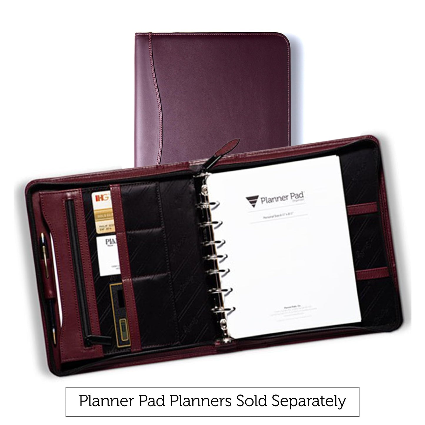 Planner Pad 7 Ring Loose Leaf Personal Size Cover, Fits 6 ¾” x 8 ½” Size Planner Pad Pages Only, Cowhide Leather, Burgundy