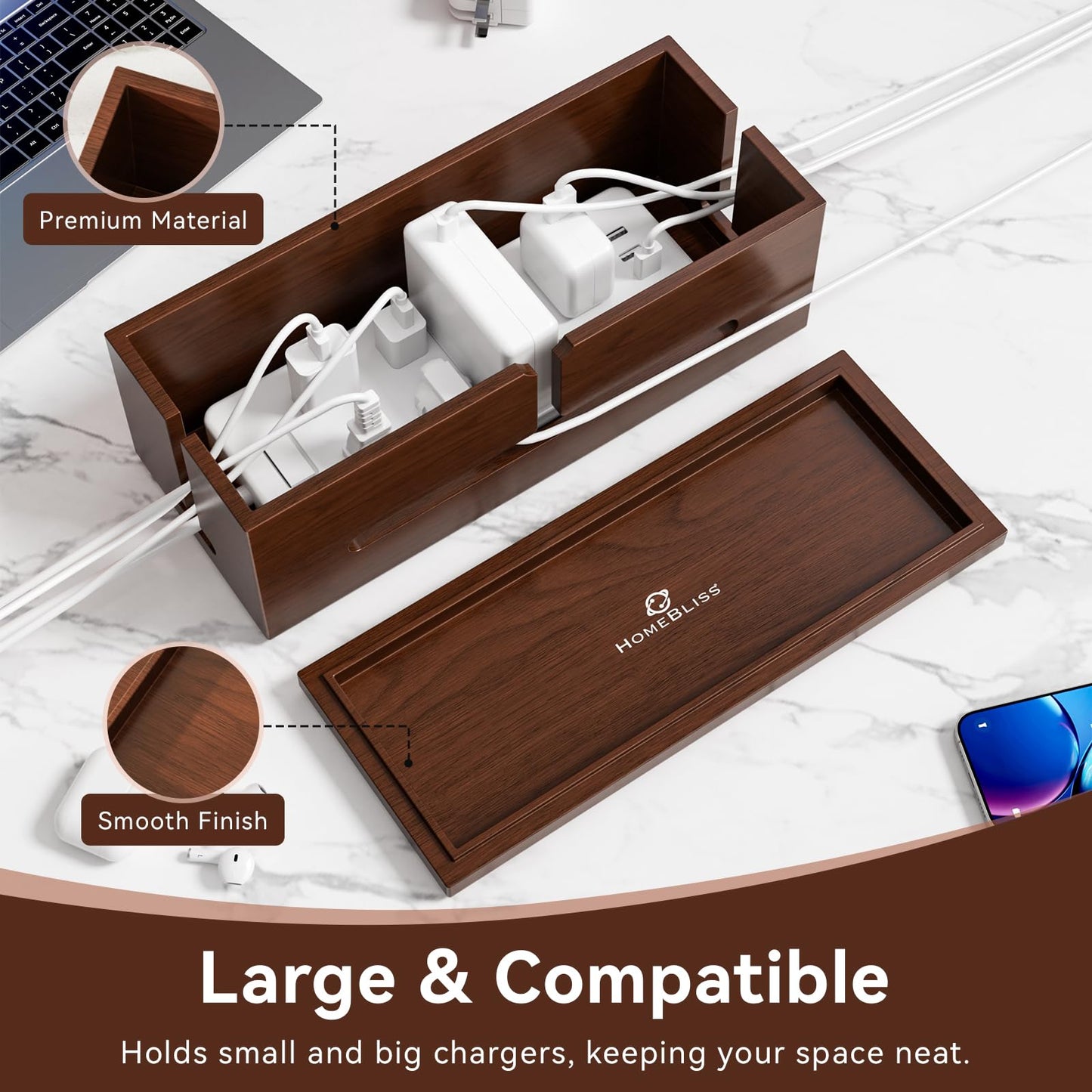 HomeBliss Large Cable Management Box-Stylish Wire Organizer, Wire Concealer and Wire Management Box-Wire Management Box with Protective Sleeve (Black)