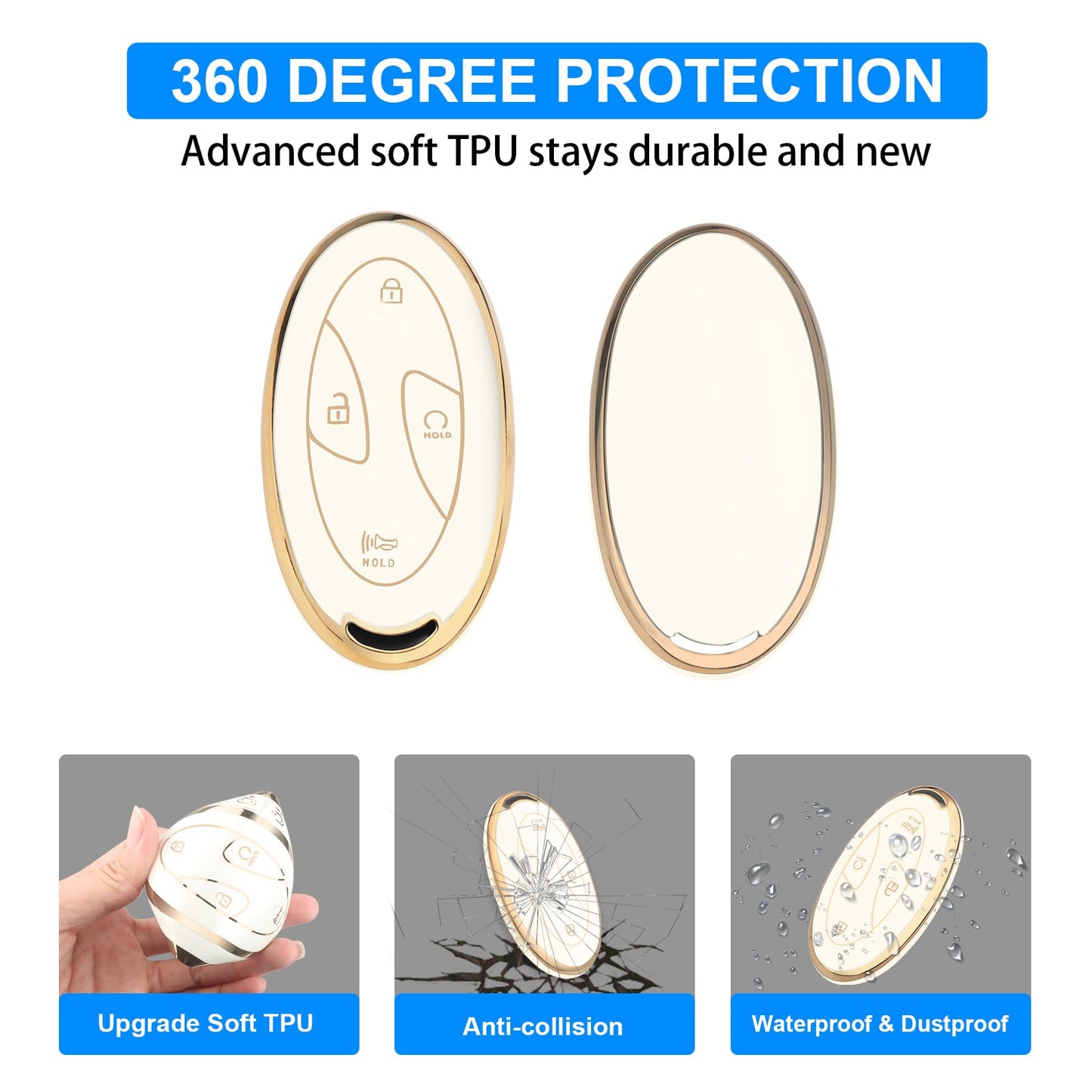 QBUC for Car Key Fob Cover,TPU 360 Degree Car Key Case Protector with Leather Keychain,7 Buttons smart key(White)