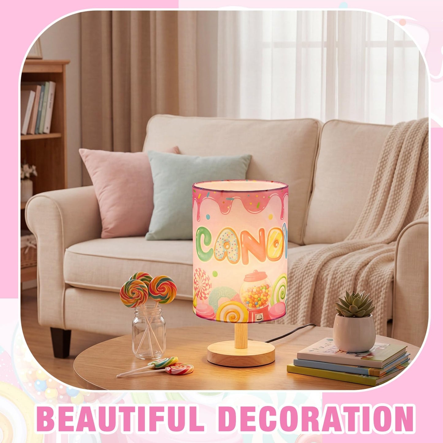 Tujoe Kids Table Lamp Candyland Theme Bedside Lamp with Fabric Shade, Cute Candy Lollipop Doughnut Nursery Night Light for Girls Boys Bedroom, Children's Reading Desk Lamps for Gift