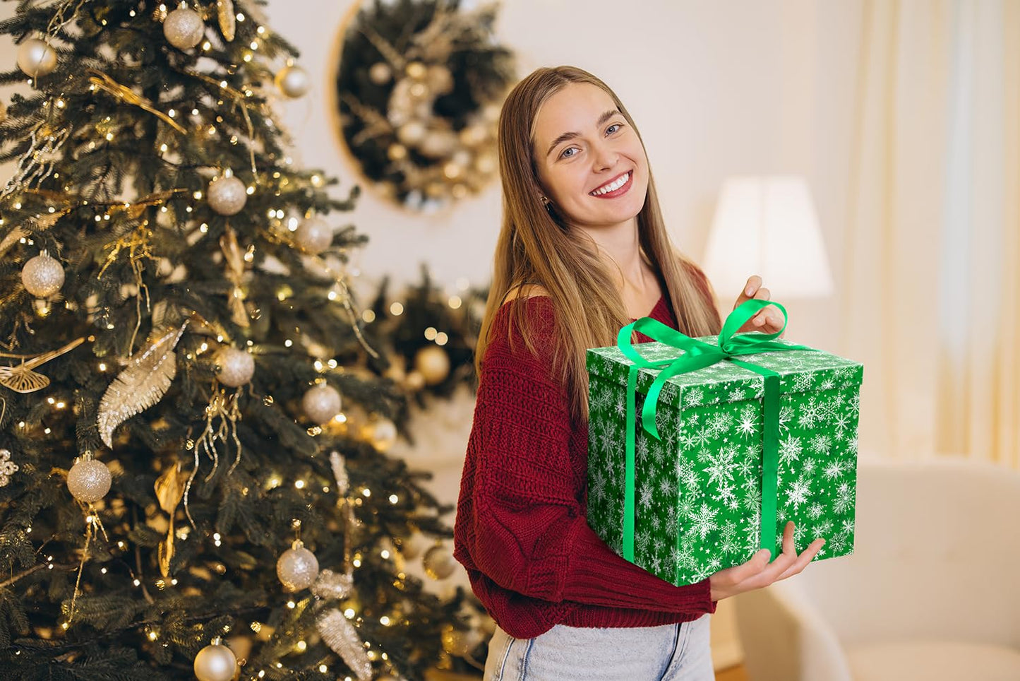 ysmile Christmas Gift Box with Lid Ribbon Paper Filler for Kid Adult Present Square Holiday Xmas Gift Wrapping 11.8 Large - Snowflake Green