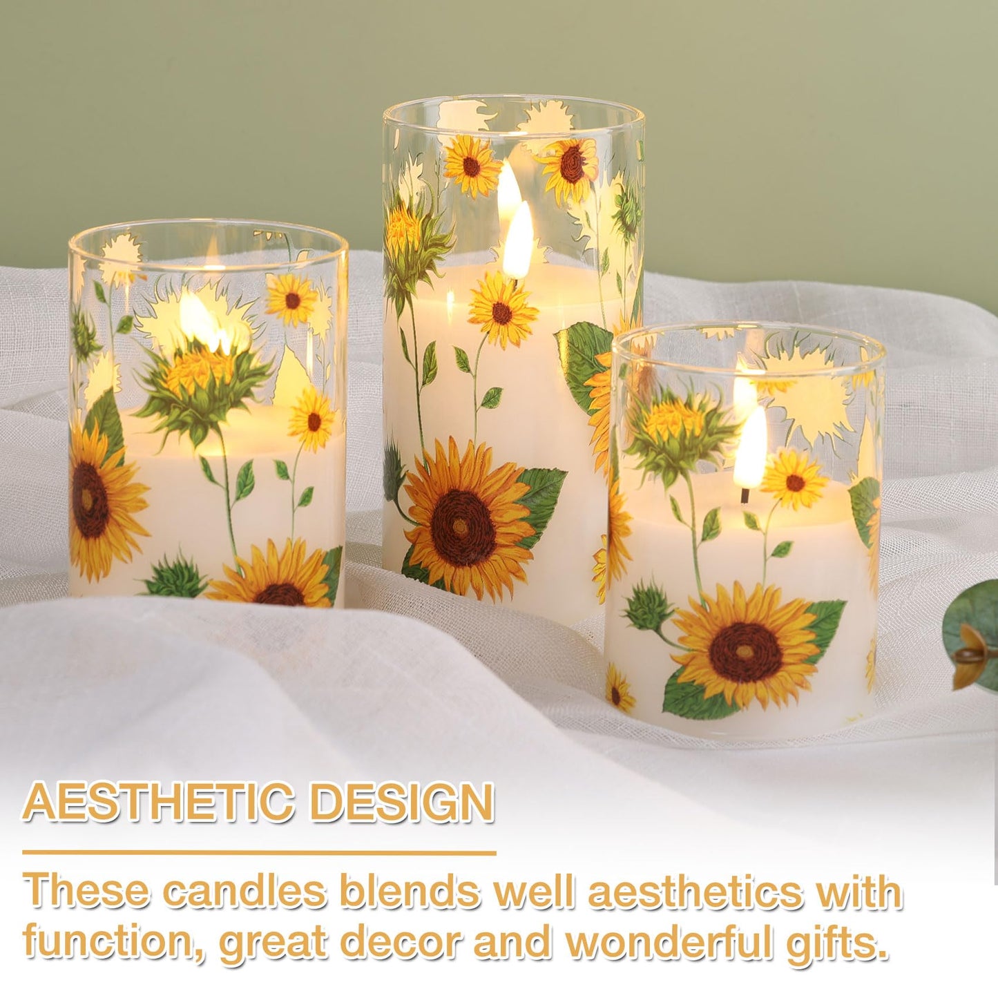 Girimax Sunflower Glass Flameless Pillar Candles with Remote, Flickering LED Battery Candles Summer Home Decor Set of 3