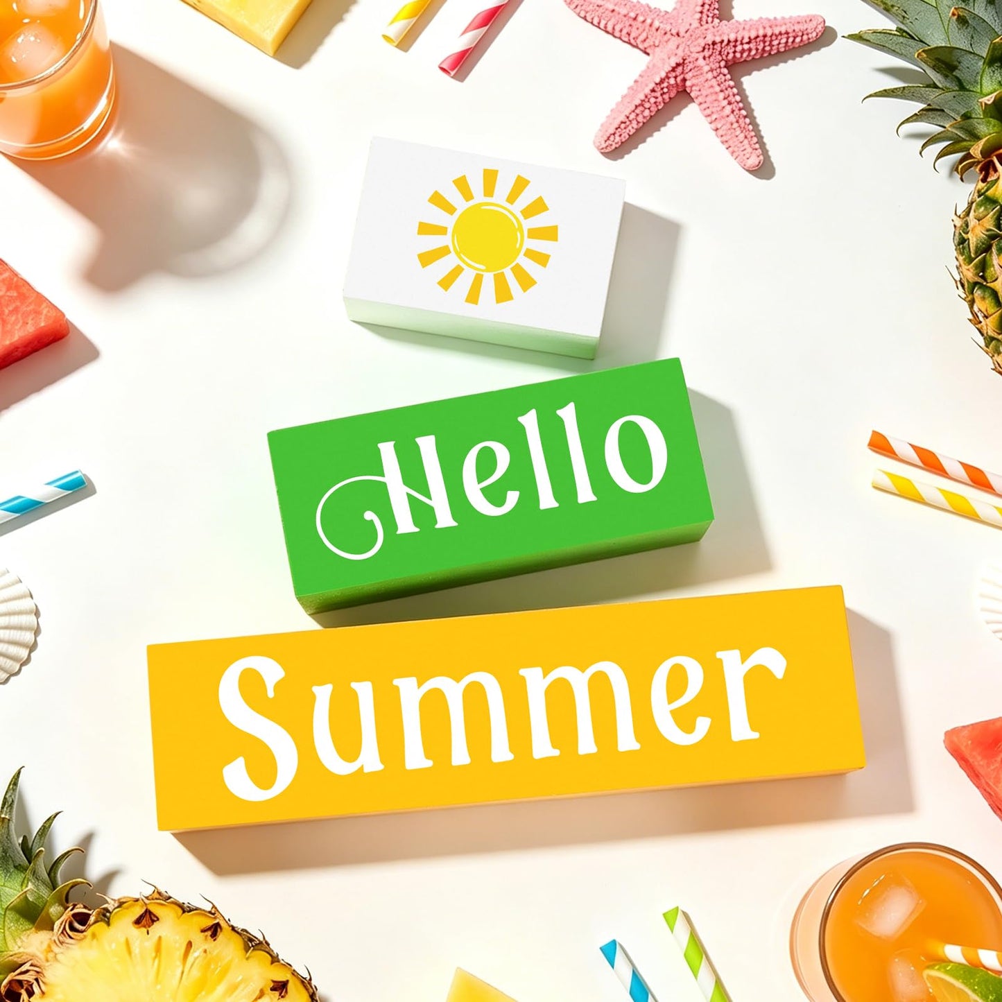 COCHIE Wooden Hello Summer Decorations Table Sign, Sunshine Beach Table Top Centerpiece Blocks Decorations for Home, Office, Mantel, Tabletop, Party, Shelf Set of 3 (Summer)